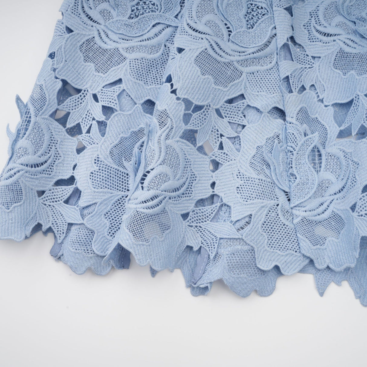 Hanna Midi Dress - Guipure Lace - Floral Appliqué - Scallop Trim - Flared Hem - Short Sleeves