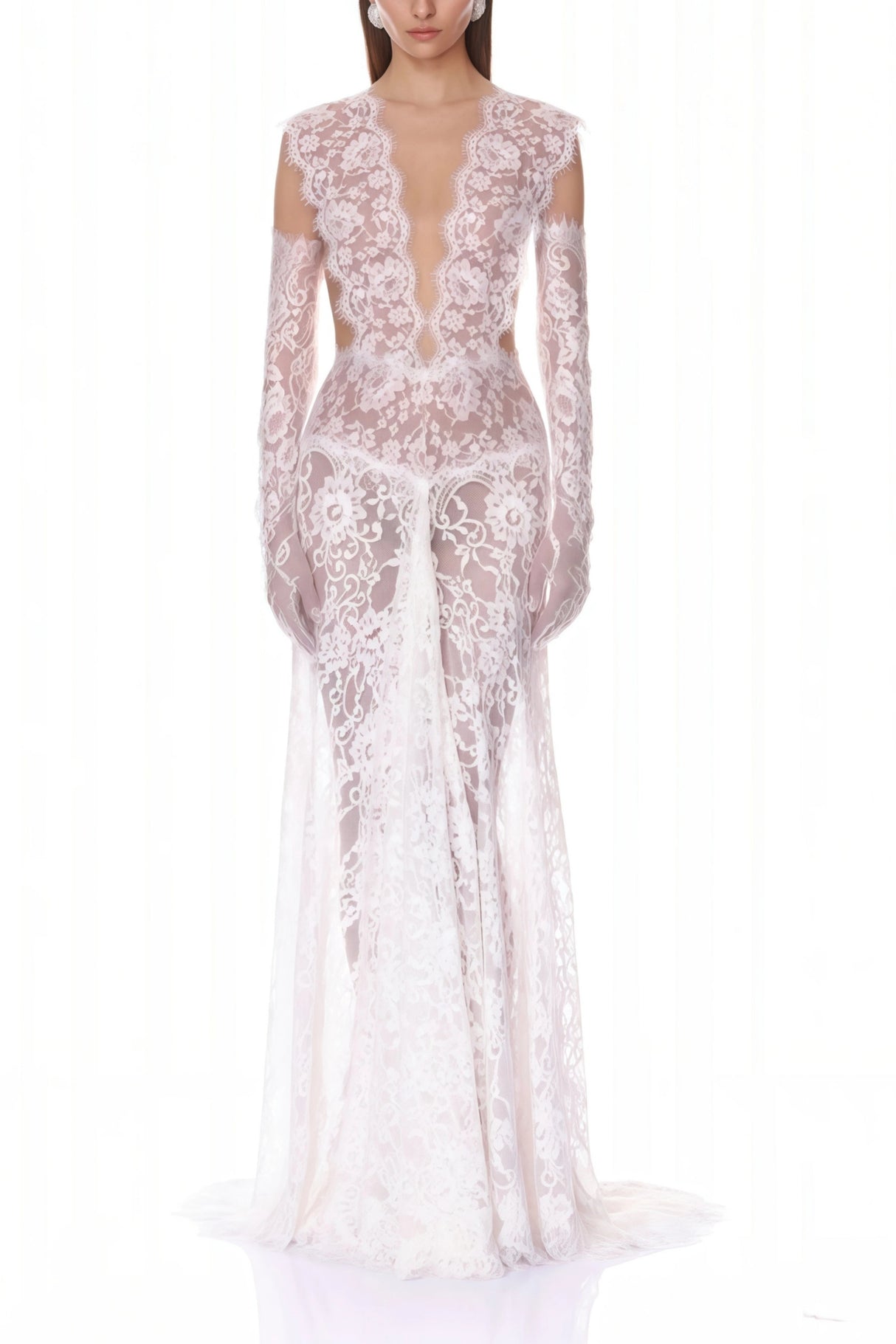 Hanna White Sheer Lace Maxi Dress with Deep VNeck Without Gloves