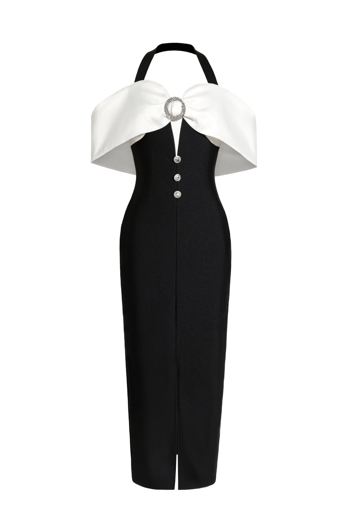 Hannah Black Halter Off-Shoulder Maxi Dress with Brooch Detail and Slit