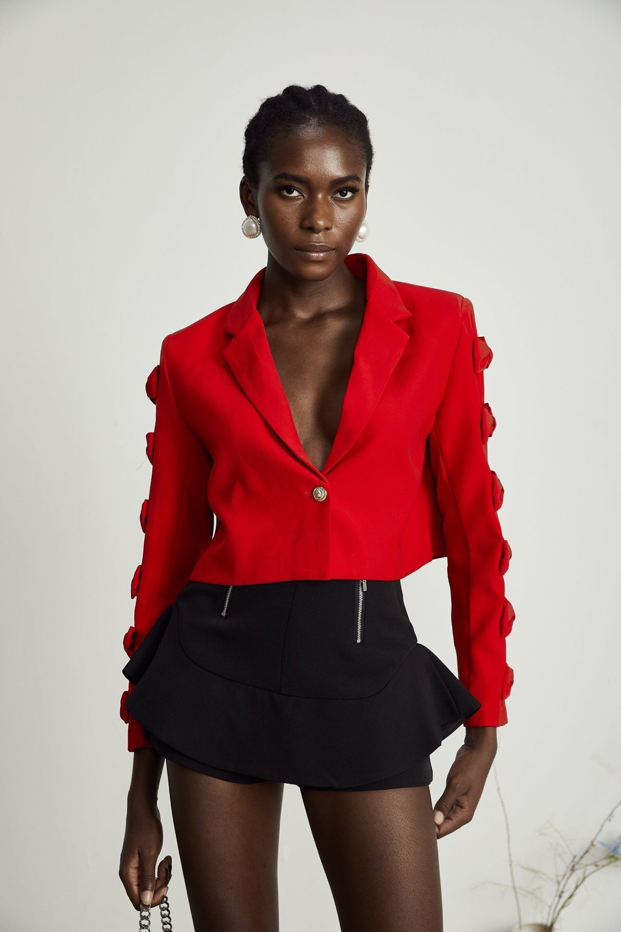 Hannah Blazer - Notched Lapels - Cropped - Bow - Embellished Sleeves - Front Button Fastening