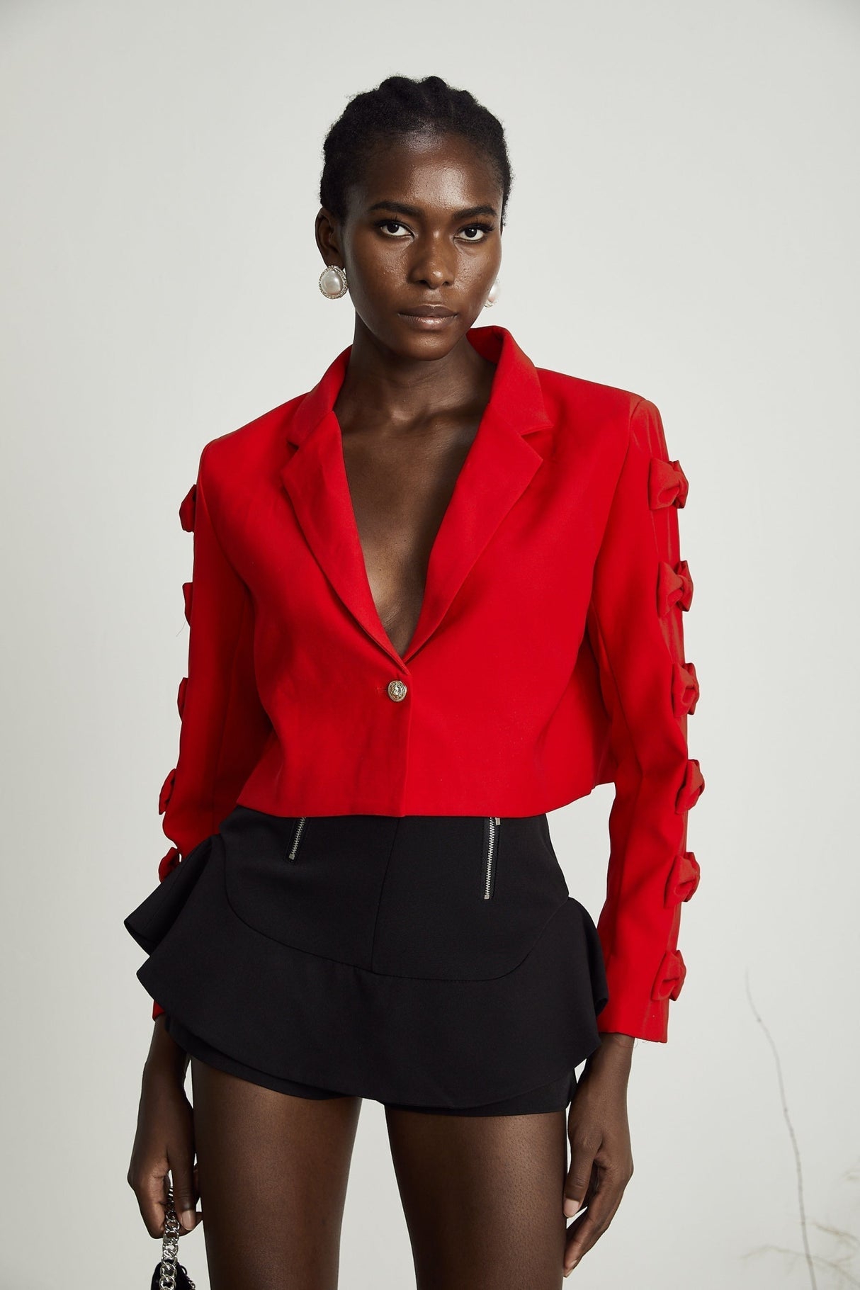 Hannah Blazer - Notched Lapels - Cropped - Bow - Embellished Sleeves - Front Button Fastening