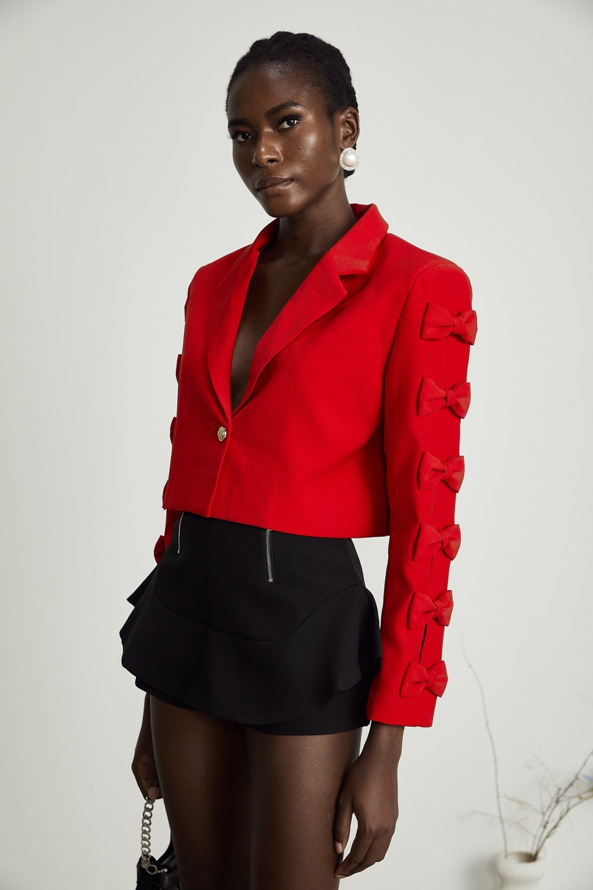 Hannah Blazer - Notched Lapels - Cropped - Bow - Embellished Sleeves - Front Button Fastening