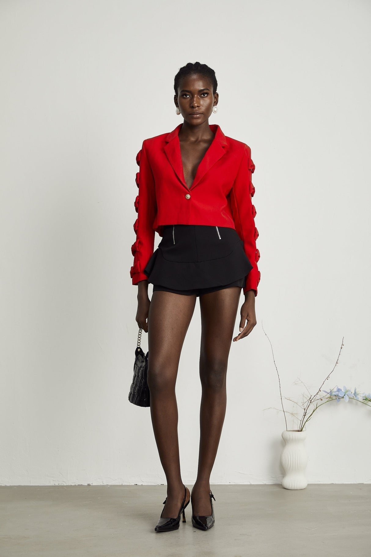 Hannah Blazer - Notched Lapels - Cropped - Bow - Embellished Sleeves - Front Button Fastening