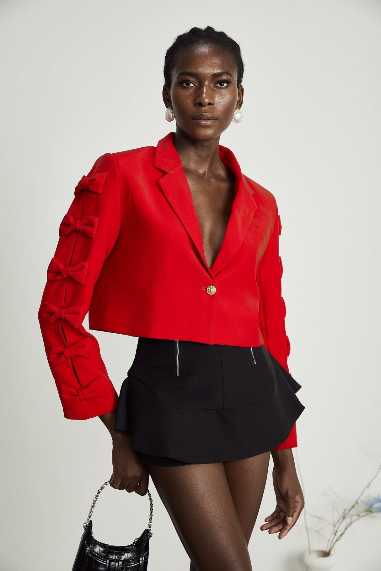 Hannah Blazer - Notched Lapels - Cropped - Bow - Embellished Sleeves - Front Button Fastening