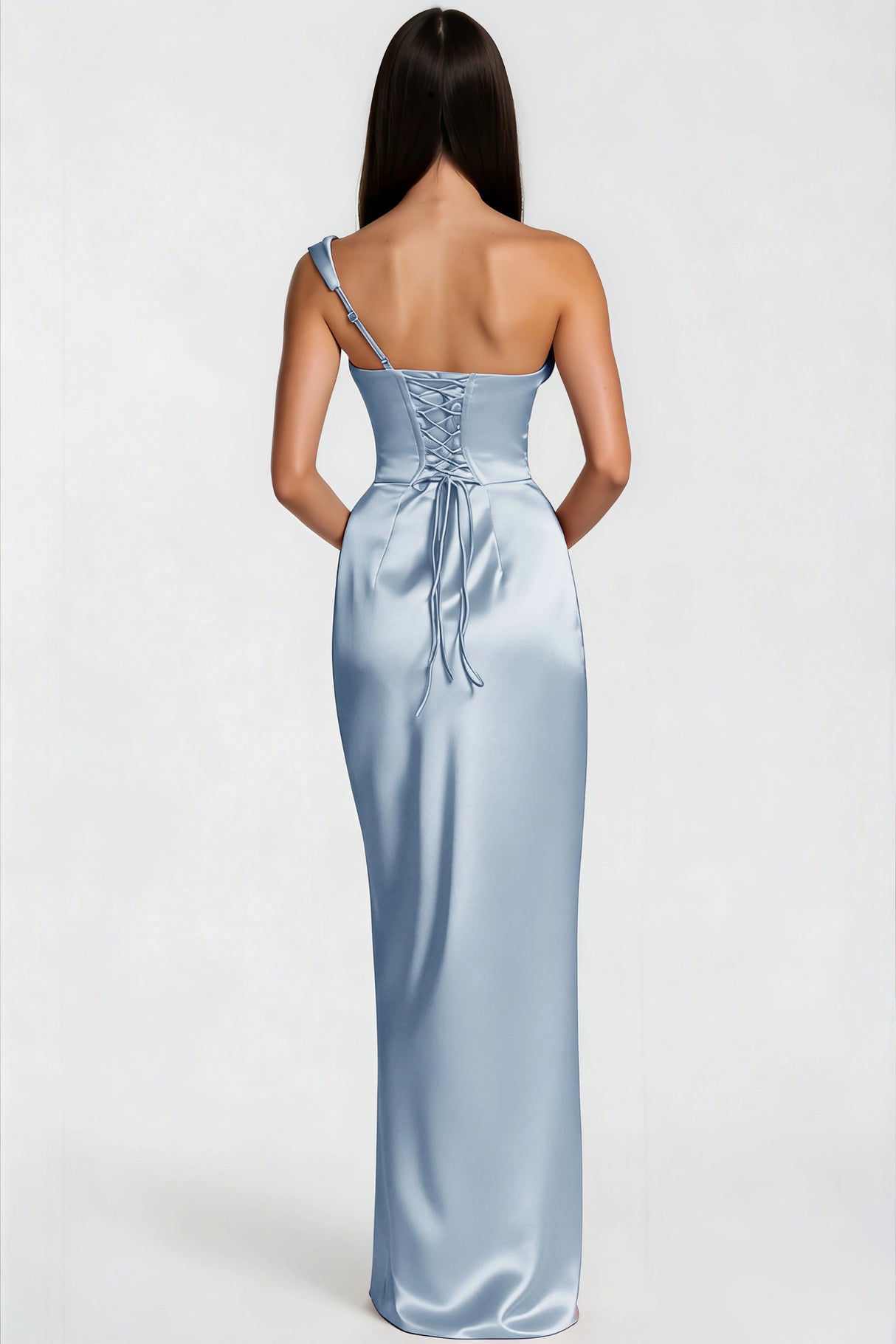 Hannah Blue One Shoulder Satin Maxi Dress