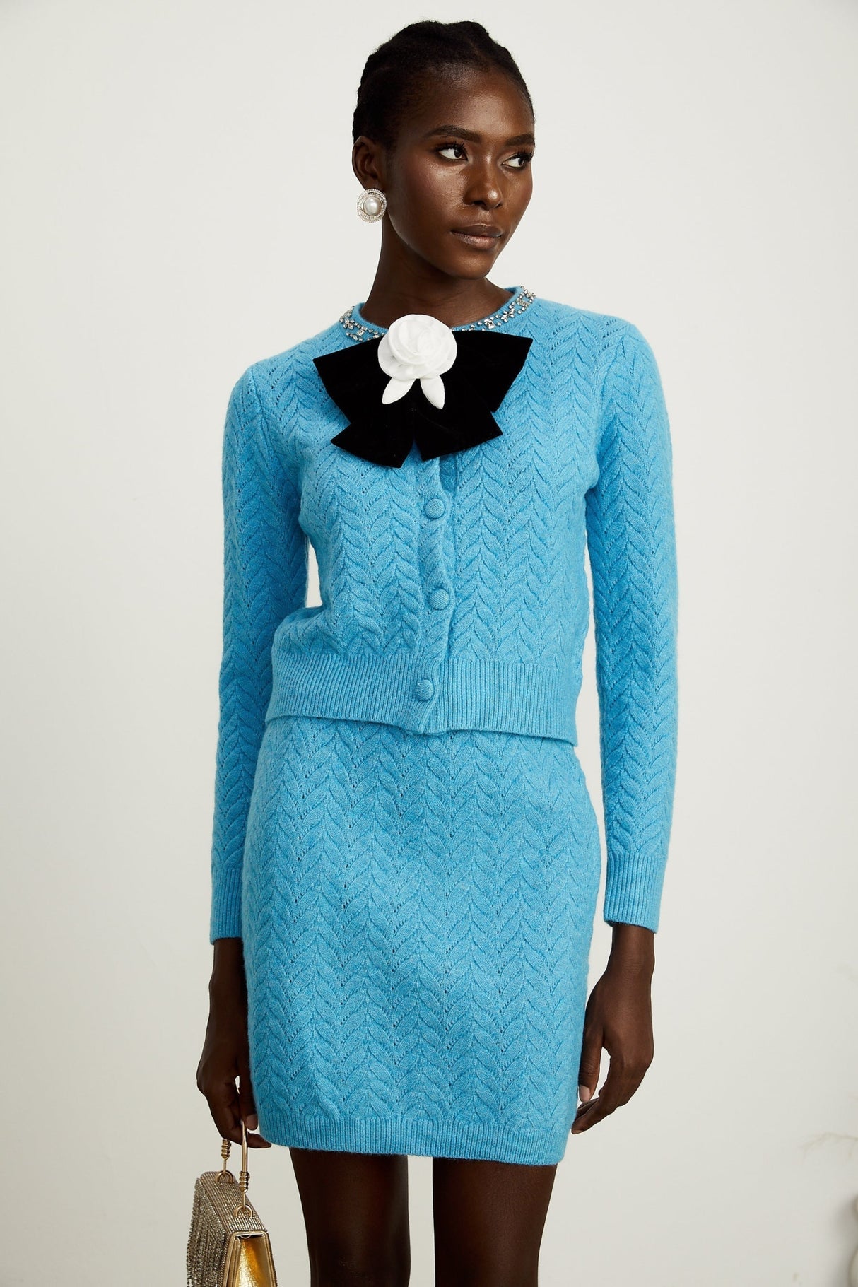 Harleigh Cardigan & Skirt - Knitted Construction - Crystal Embellishment - Bowknot Detailing - Thigh Length