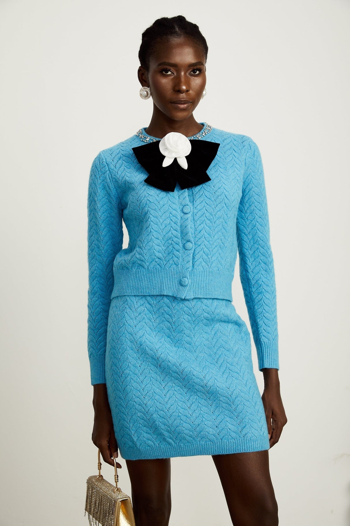 Harleigh Cardigan & Skirt - Knitted Construction - Crystal Embellishment - Bowknot Detailing - Thigh Length