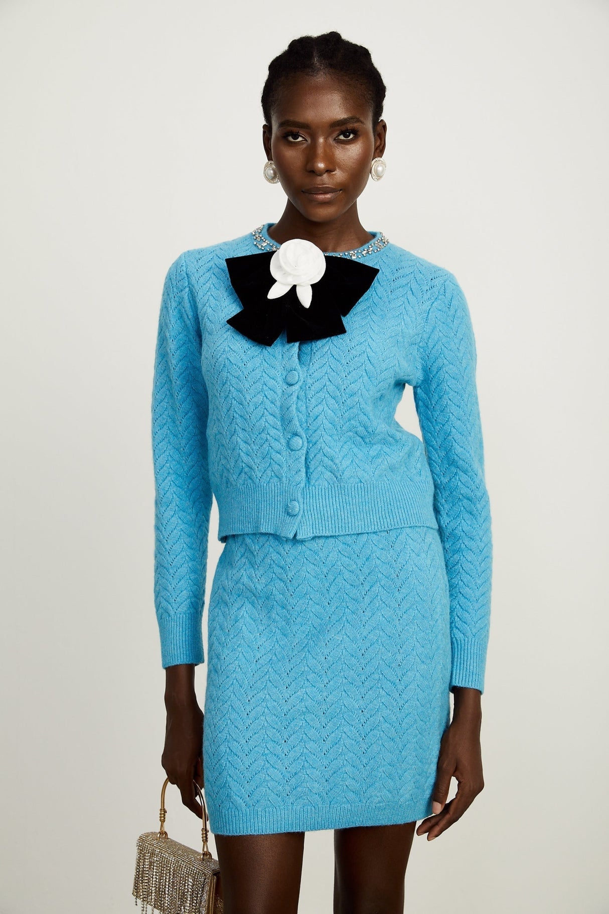 Harleigh Cardigan & Skirt - Knitted Construction - Crystal Embellishment - Bowknot Detailing - Thigh Length