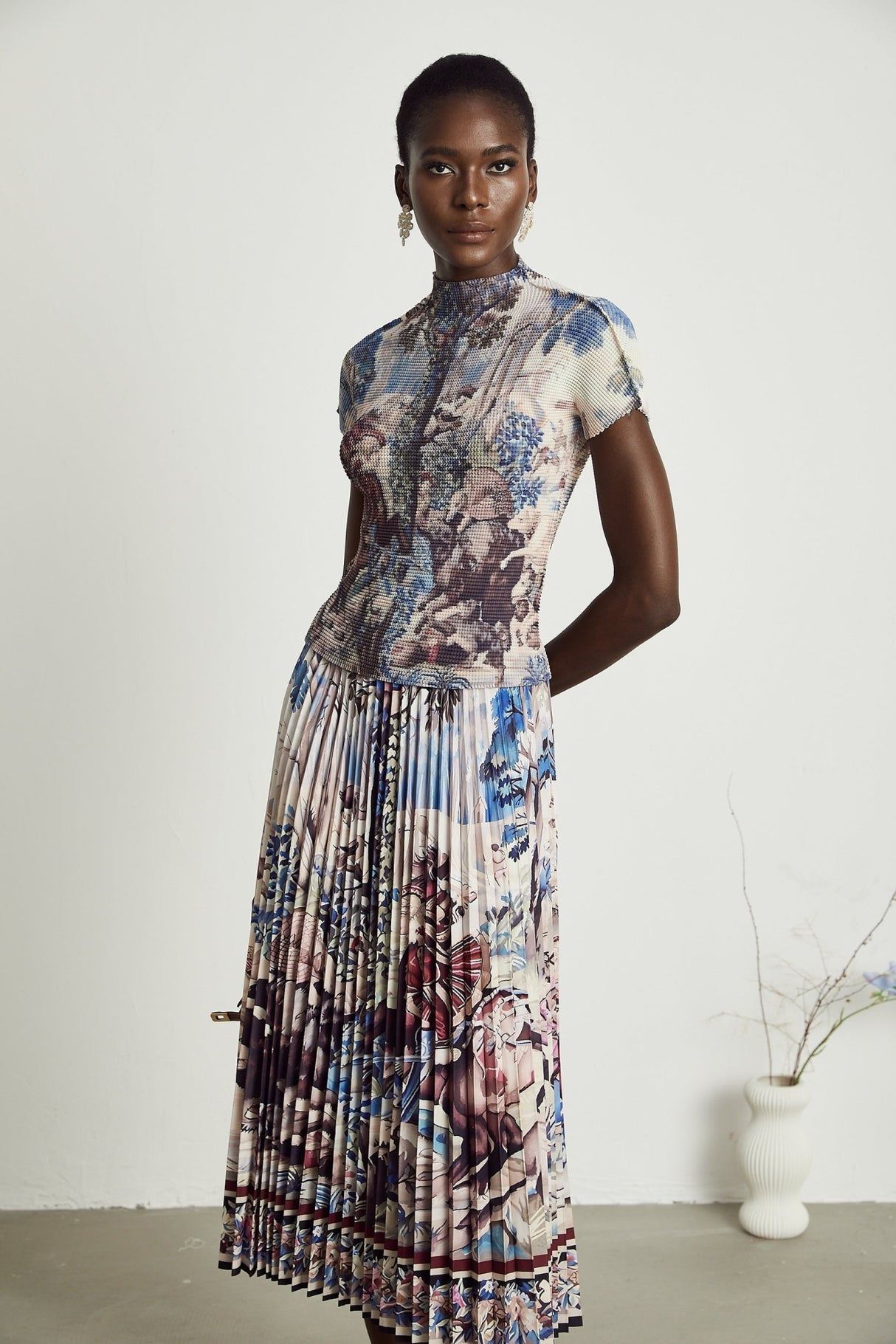 Harleigh Floral Midi Dress - Pleated Top - High Waisted Skirt - Multicolor Print - Comfort Fit