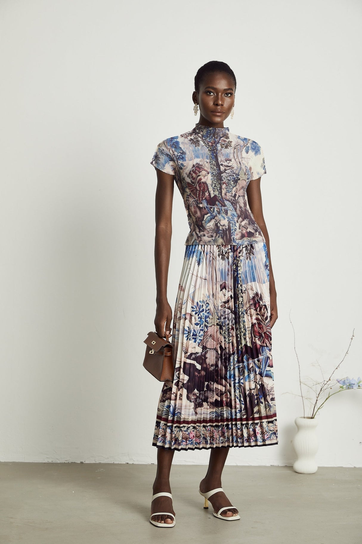 Harleigh Floral Midi Dress - Pleated Top - High Waisted Skirt - Multicolor Print - Comfort Fit