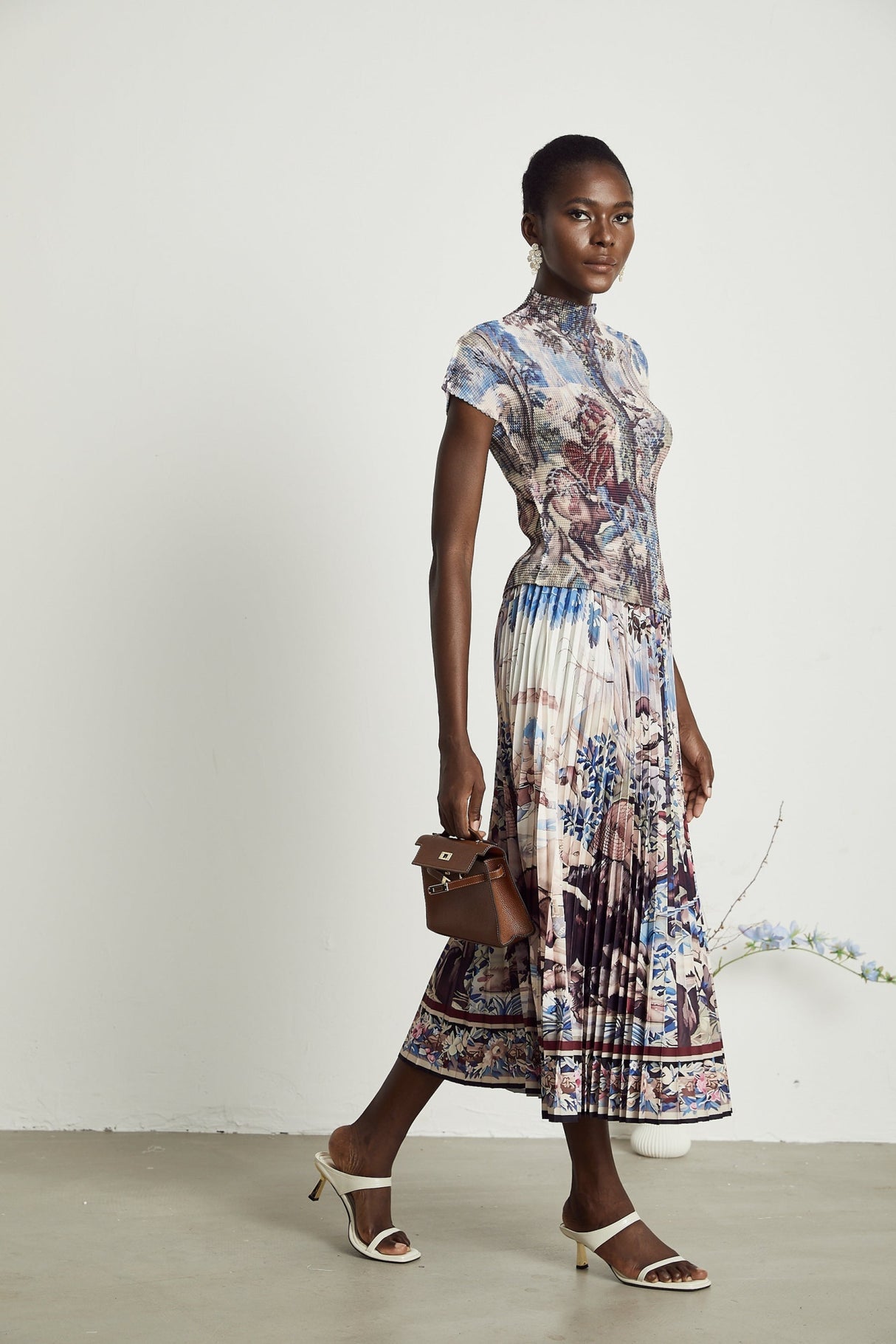 Harleigh Floral Midi Dress - Pleated Top - High Waisted Skirt - Multicolor Print - Comfort Fit