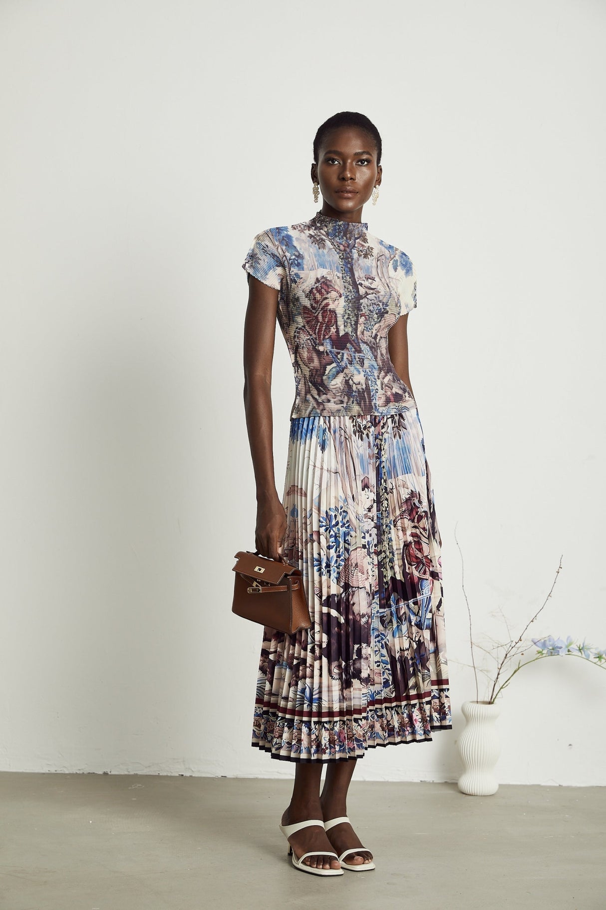 Harleigh Floral Midi Dress - Pleated Top - High Waisted Skirt - Multicolor Print - Comfort Fit