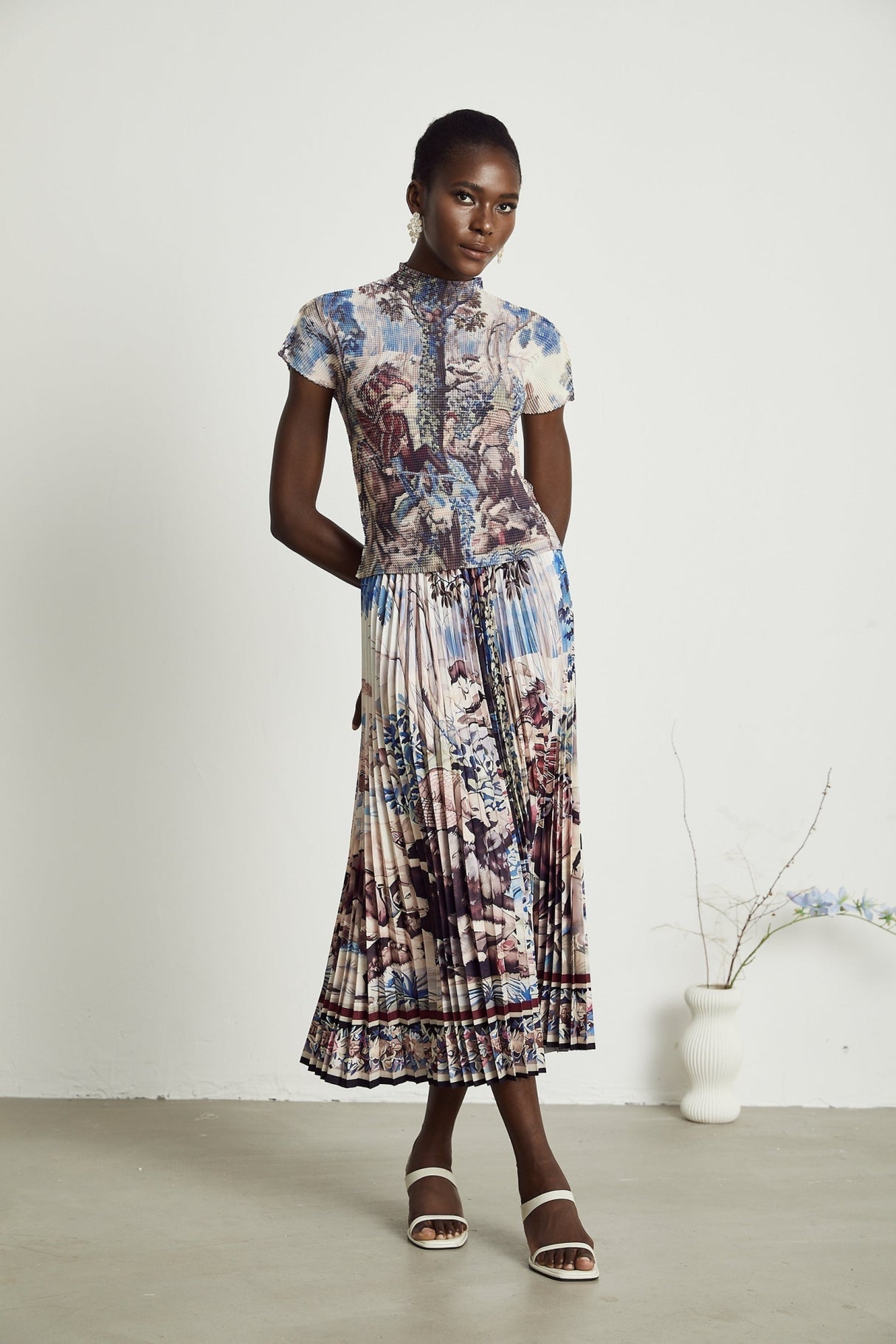 Harleigh Floral Midi Dress - Pleated Top - High Waisted Skirt - Multicolor Print - Comfort Fit