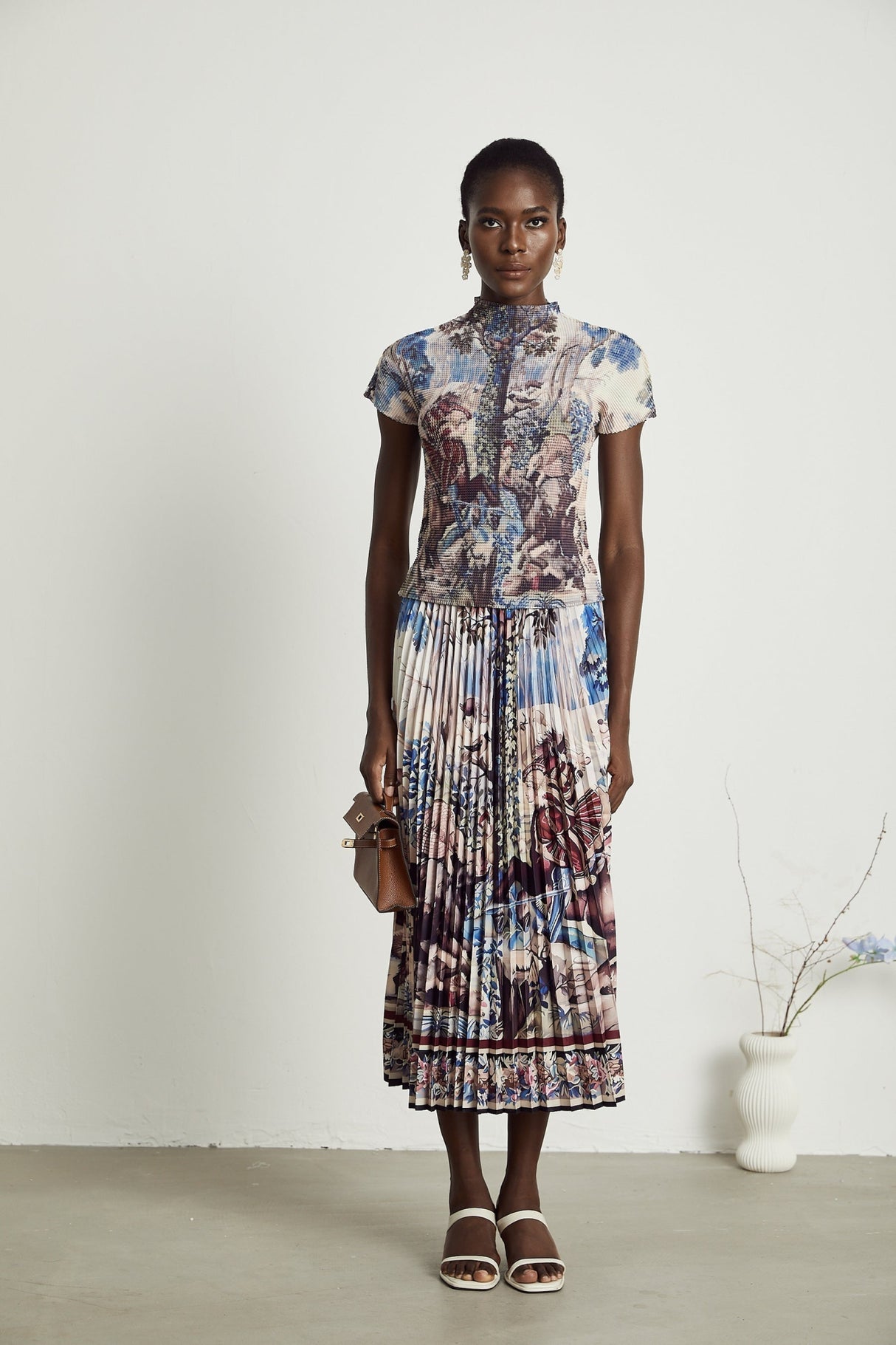 Harleigh Floral Midi Dress - Pleated Top - High Waisted Skirt - Multicolor Print - Comfort Fit