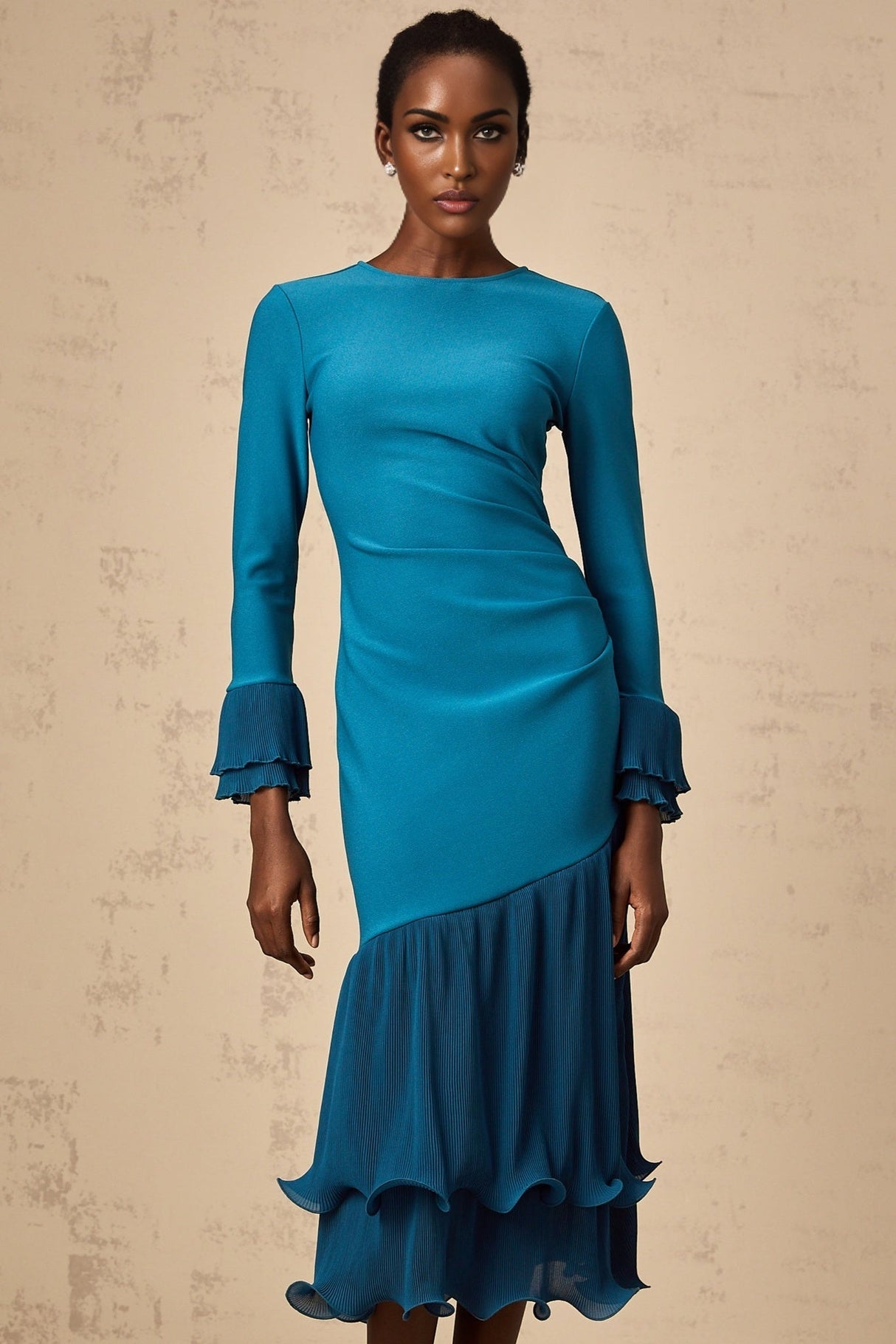 Harleigh Midi Dress - Round Neck Design - Long Sleeves - Cinched Waist Detail - Ruffled Trim Panelled Style