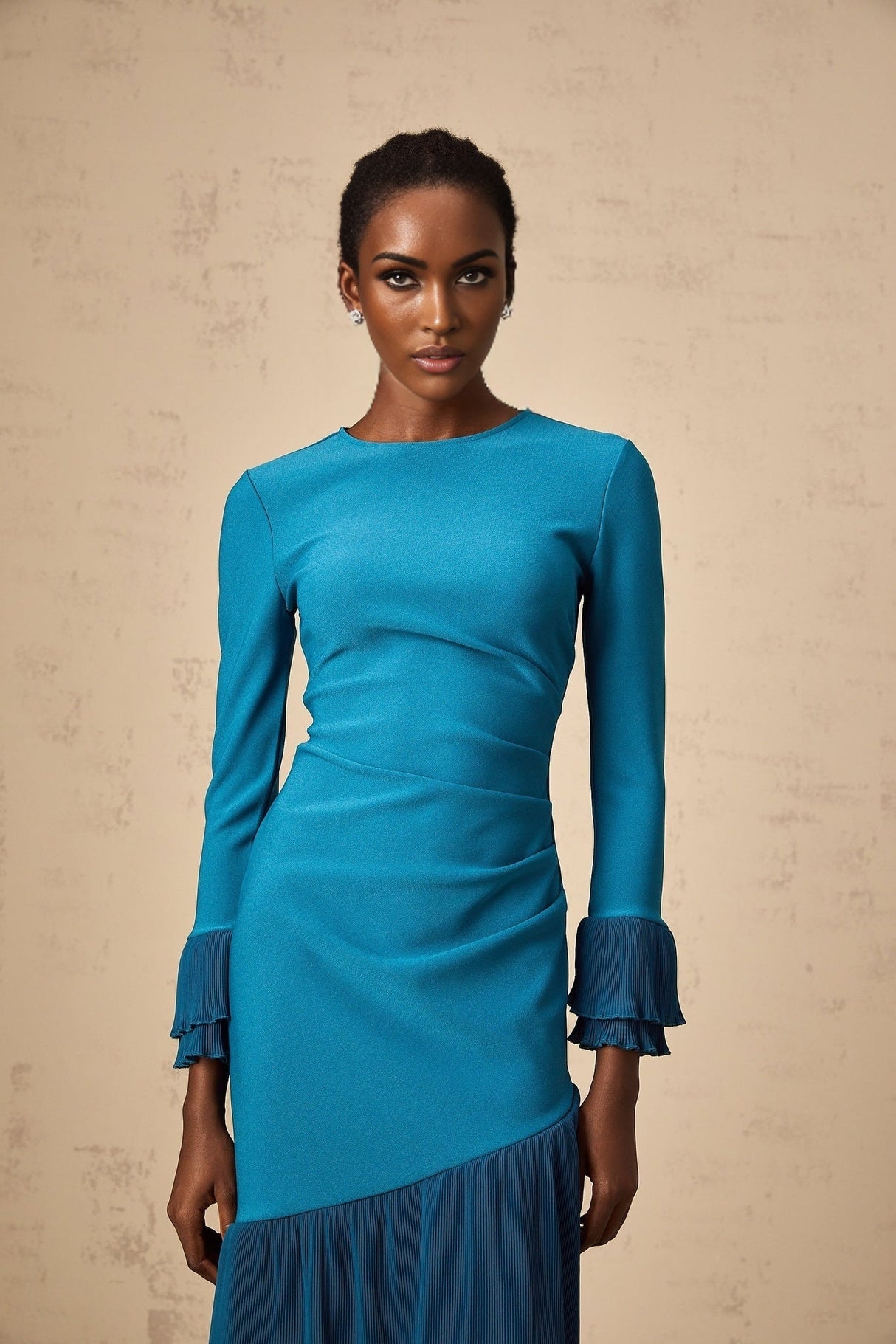 Harleigh Midi Dress - Round Neck Design - Long Sleeves - Cinched Waist Detail - Ruffled Trim Panelled Style