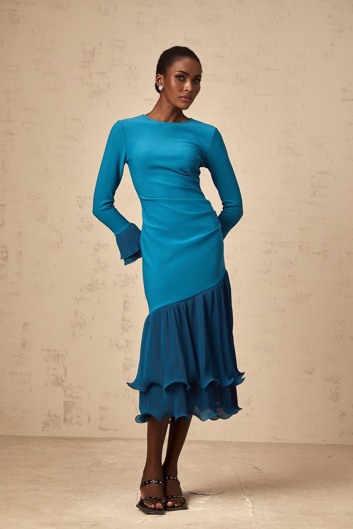 Harleigh Midi Dress - Round Neck Design - Long Sleeves - Cinched Waist Detail - Ruffled Trim Panelled Style
