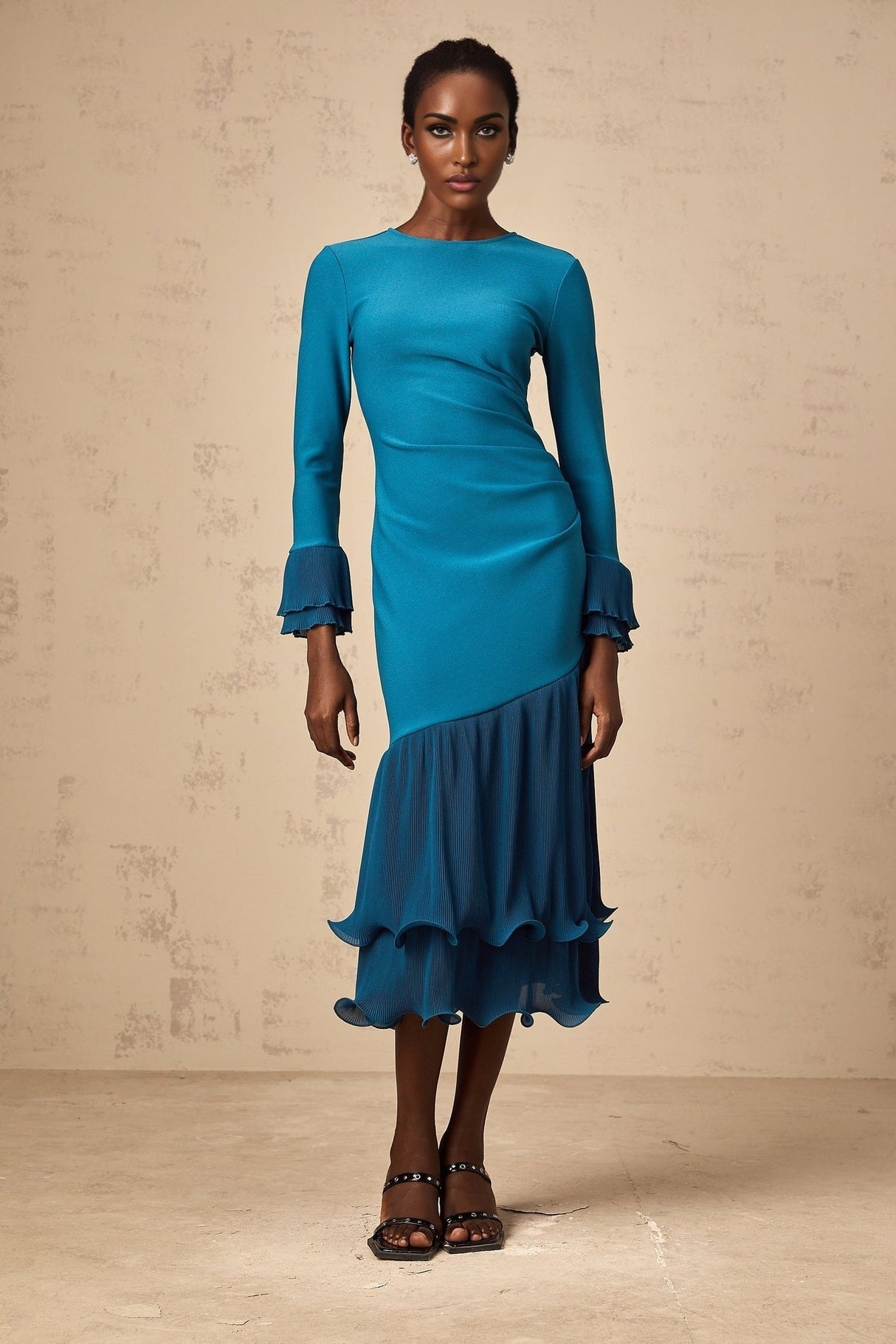 Harleigh Midi Dress - Round Neck Design - Long Sleeves - Cinched Waist Detail - Ruffled Trim Panelled Style
