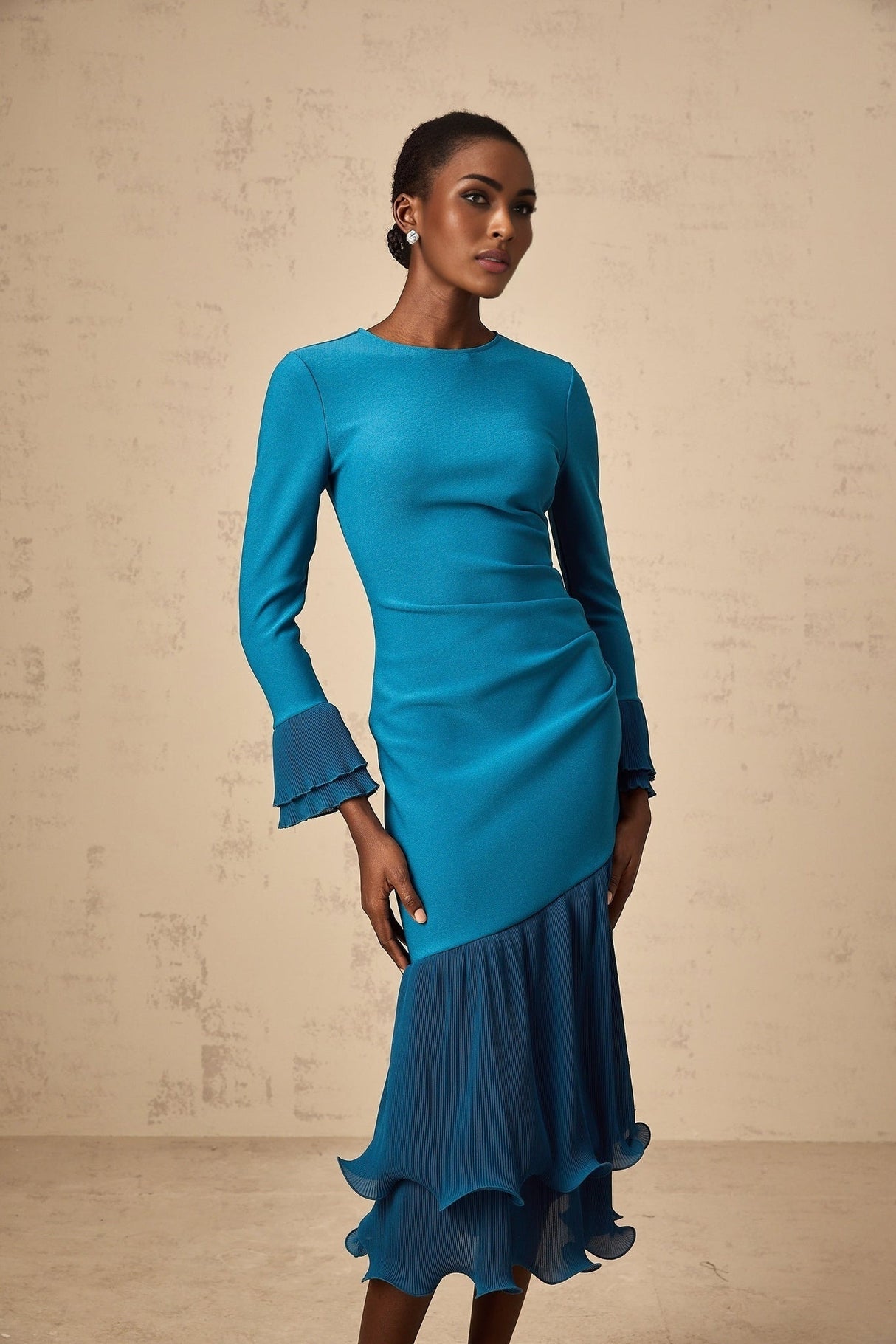Harleigh Midi Dress - Round Neck Design - Long Sleeves - Cinched Waist Detail - Ruffled Trim Panelled Style