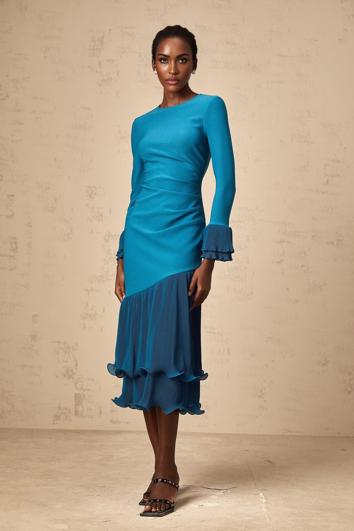 Harleigh Midi Dress - Round Neck Design - Long Sleeves - Cinched Waist Detail - Ruffled Trim Panelled Style