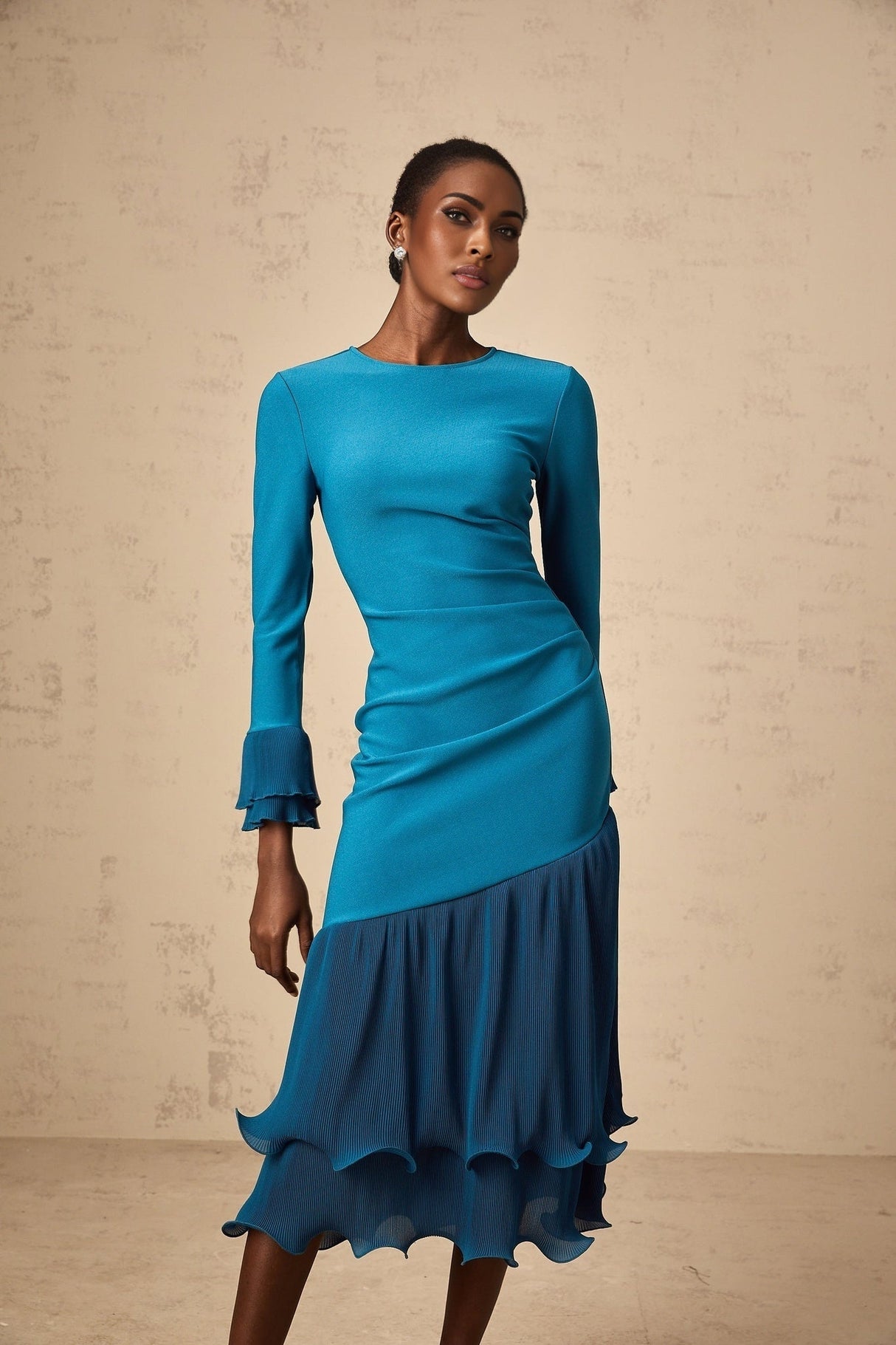 Harleigh Midi Dress - Round Neck Design - Long Sleeves - Cinched Waist Detail - Ruffled Trim Panelled Style