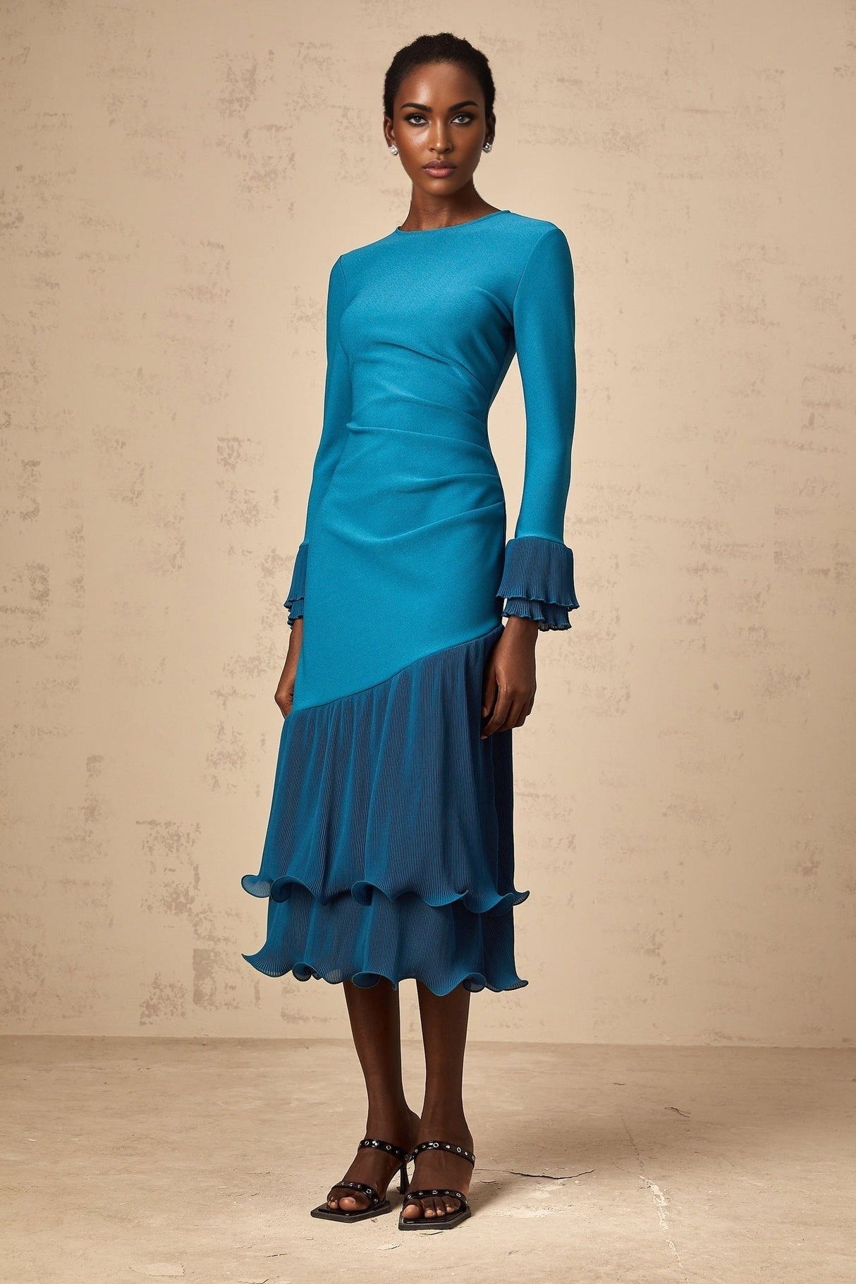 Harleigh Midi Dress - Round Neck Design - Long Sleeves - Cinched Waist Detail - Ruffled Trim Panelled Style