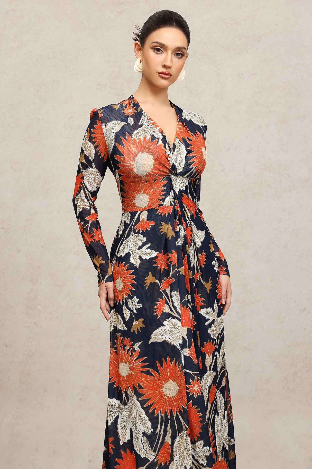 Harleigh Navy Floral Maxi Dress V-Neck Long Sleeve Slit Detail Elegant