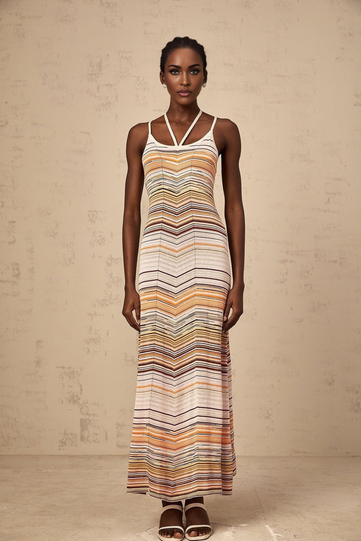 Harmony Maxi Dress - Knitted Construction - Sleeveless Halterneck - Spaghetti Straps - Horizontal Stripe Pattern