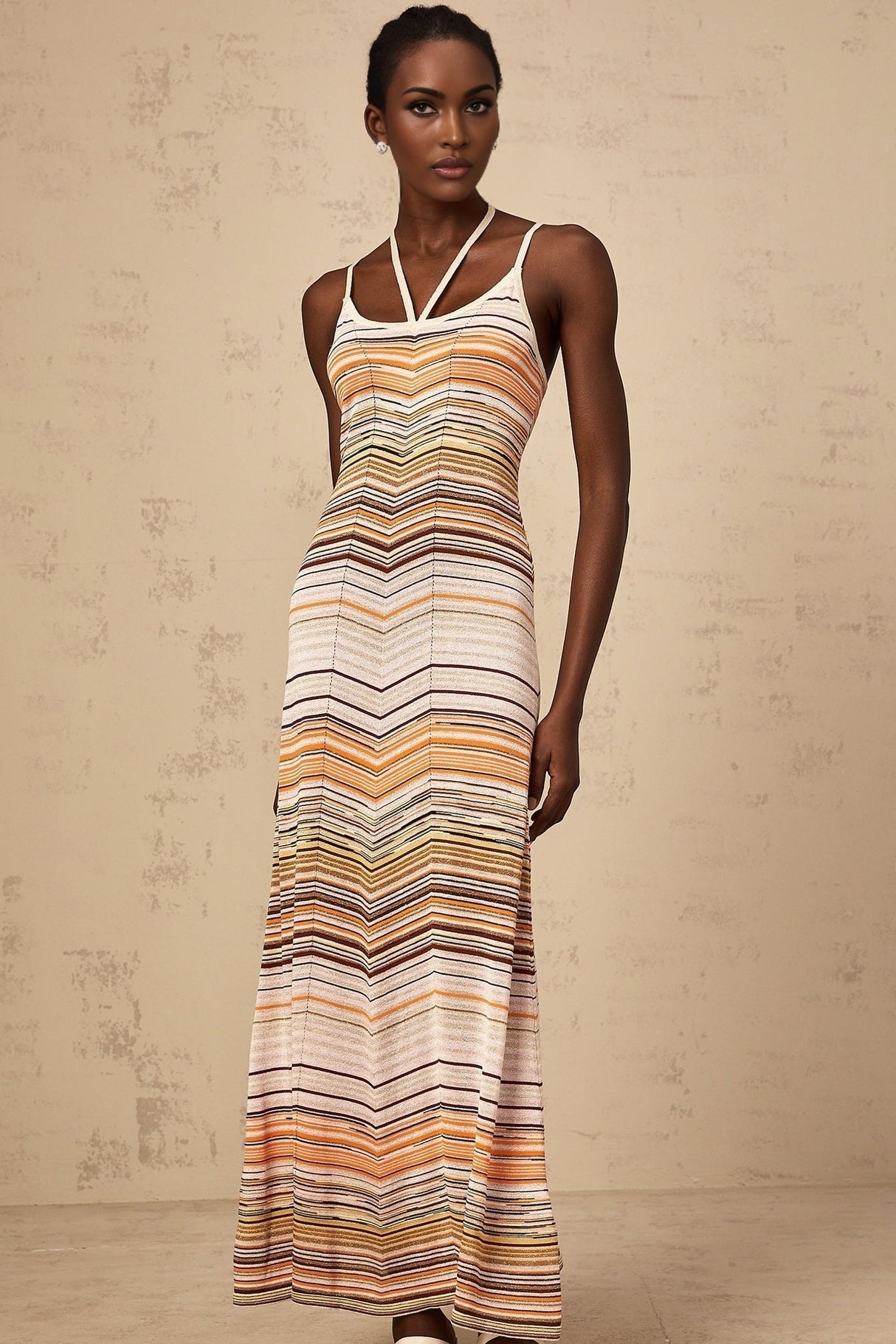 Harmony Maxi Dress - Knitted Construction - Sleeveless Halterneck - Spaghetti Straps - Horizontal Stripe Pattern