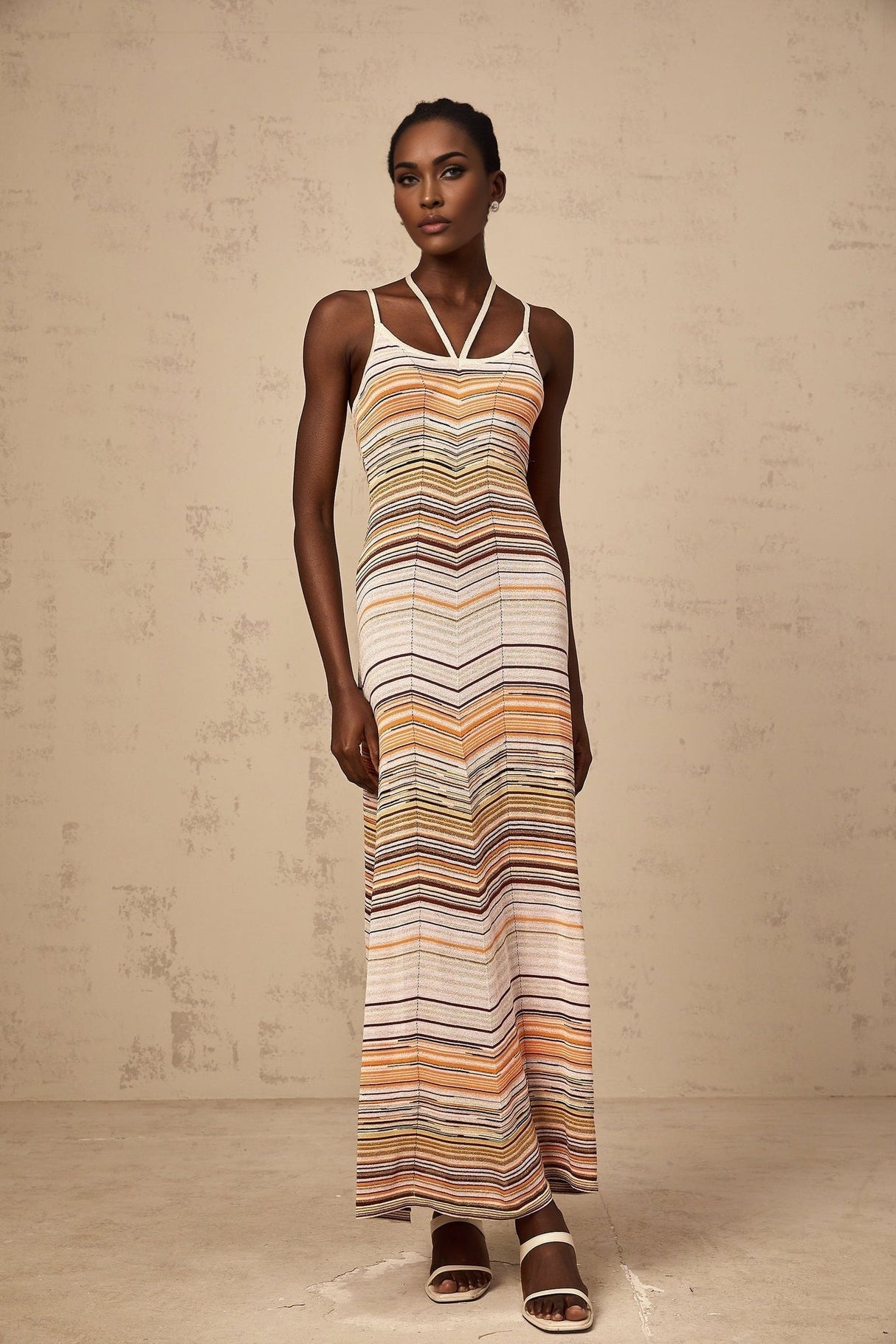 Harmony Maxi Dress - Knitted Construction - Sleeveless Halterneck - Spaghetti Straps - Horizontal Stripe Pattern
