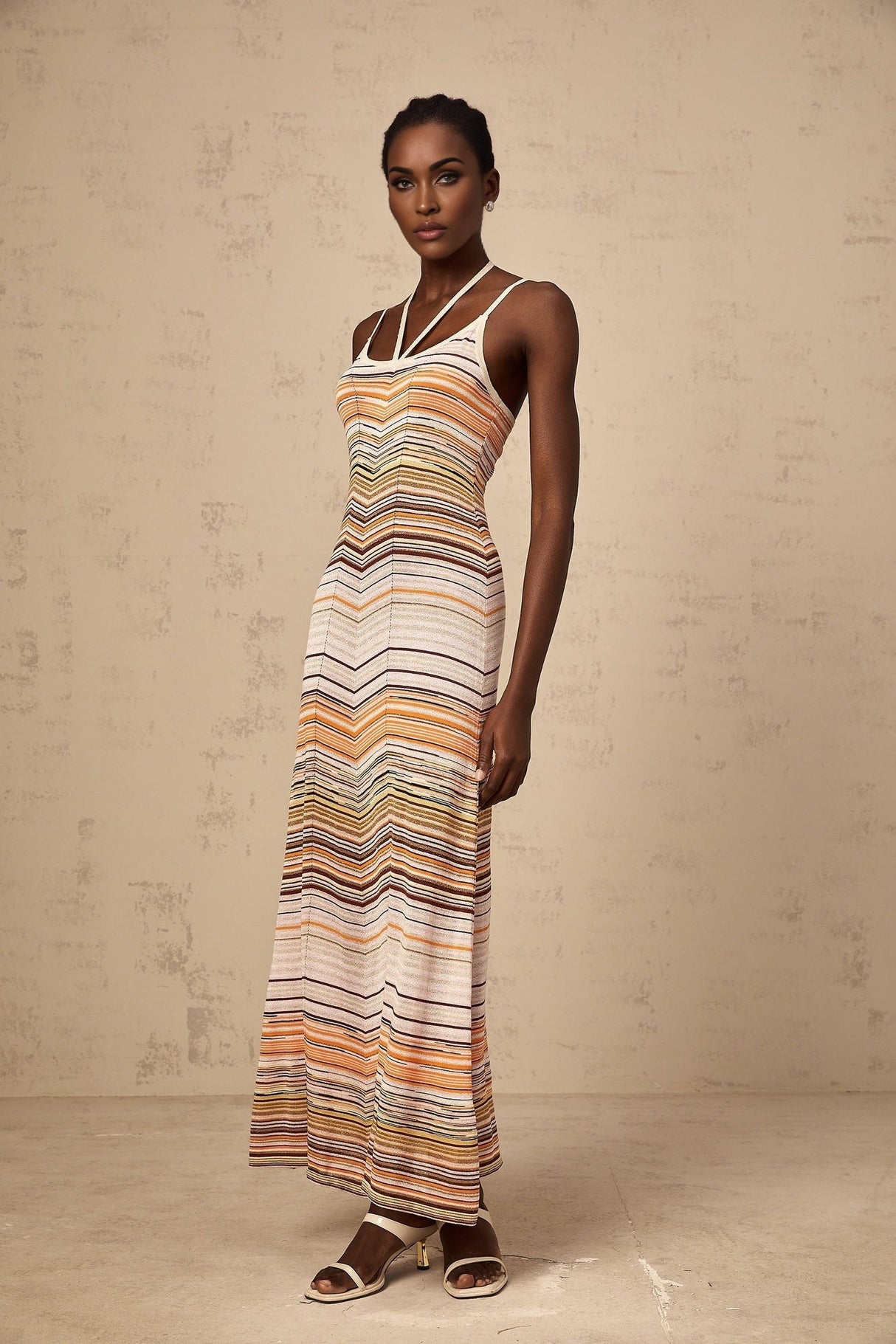 Harmony Maxi Dress - Knitted Construction - Sleeveless Halterneck - Spaghetti Straps - Horizontal Stripe Pattern