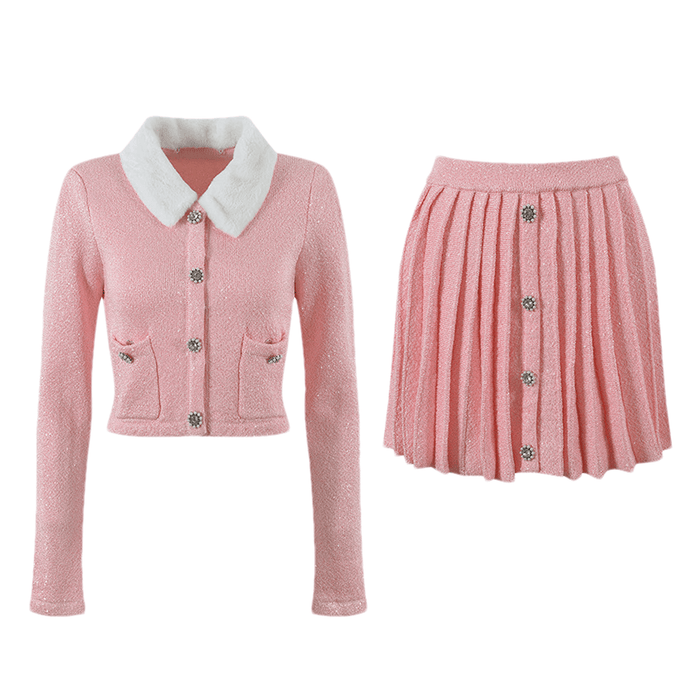 Harper Jacket & Skirt - Plush Lapels - Front Button Fastening - Pleated Design - Knitted Construction