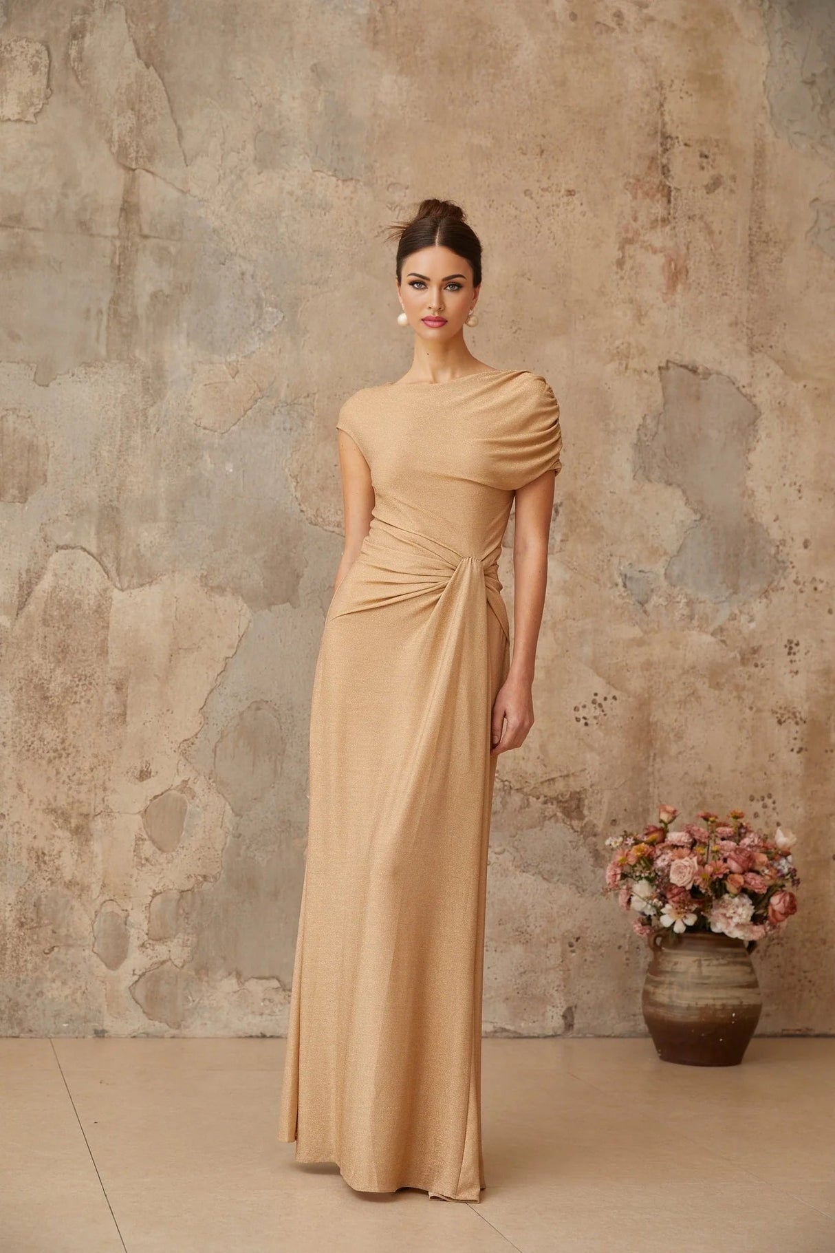 Harper Maxi Dress Gold Pleated Asymmetrical Twist Knot & Metallic Detail
