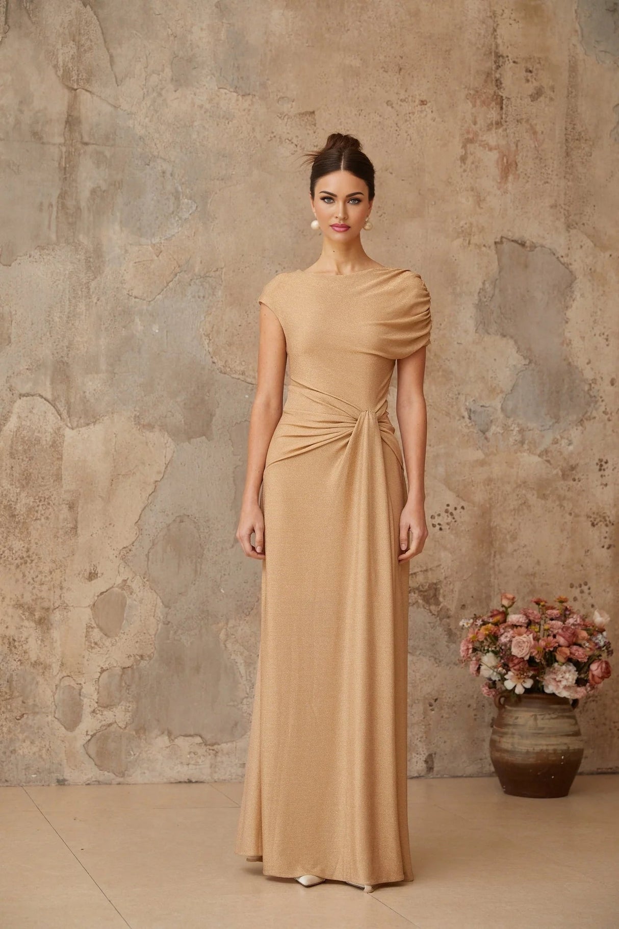 Harper Maxi Dress Gold Pleated Asymmetrical Twist Knot & Metallic Detail