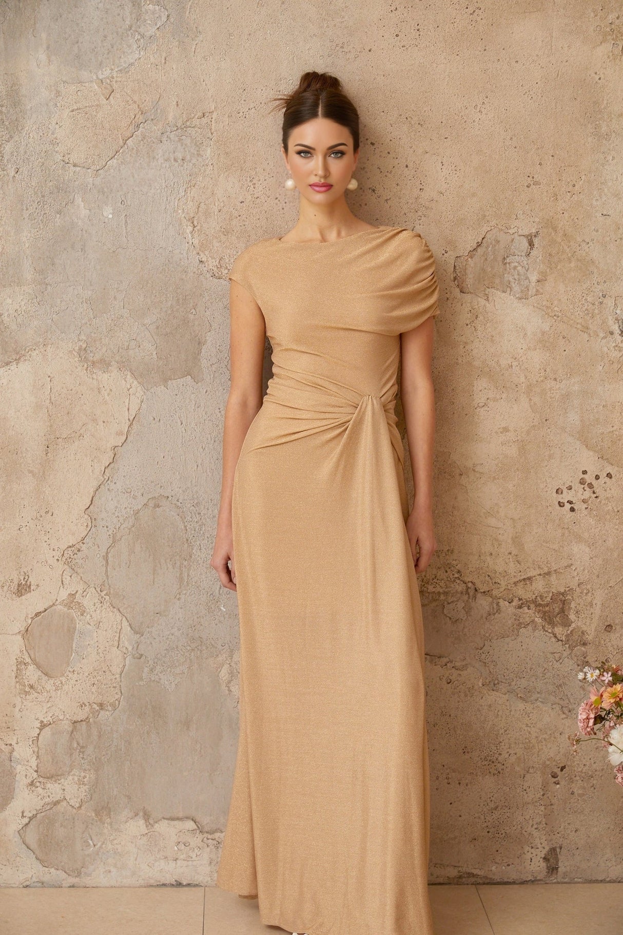 Harper Maxi Dress Gold Pleated Asymmetrical Twist Knot & Metallic Detail