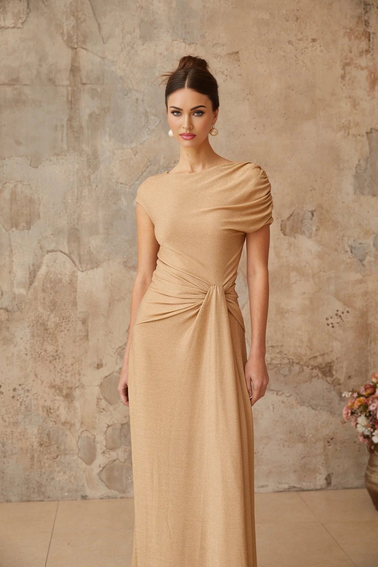 Harper Maxi Dress Gold Pleated Asymmetrical Twist Knot & Metallic Detail