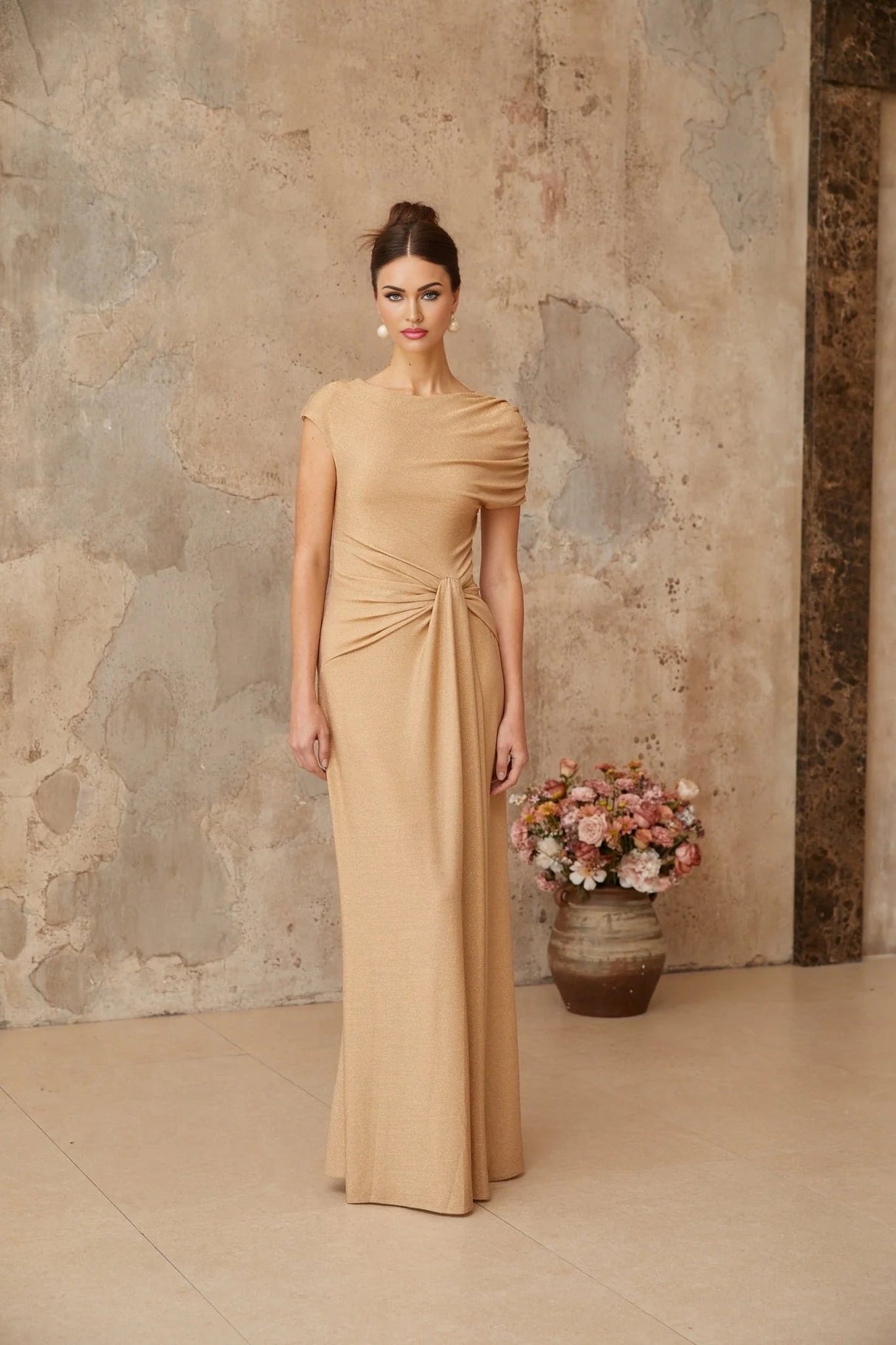 Harper Maxi Dress Gold Pleated Asymmetrical Twist Knot & Metallic Detail