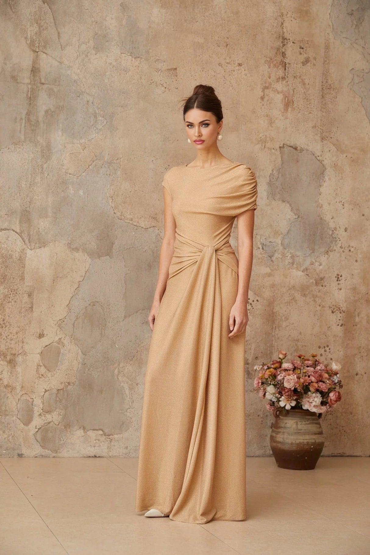 Harper Maxi Dress Gold Pleated Asymmetrical Twist Knot & Metallic Detail