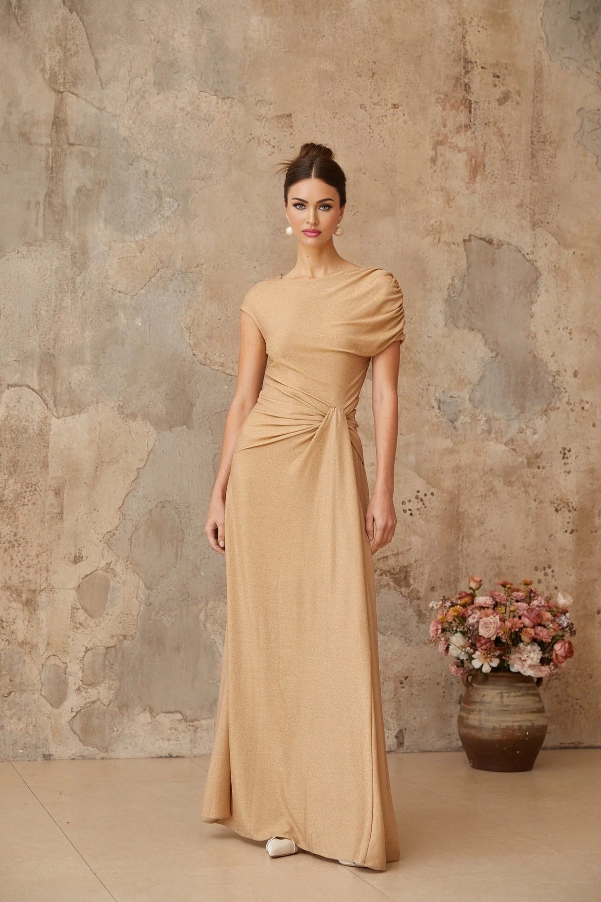 Harper Maxi Dress Gold Pleated Asymmetrical Twist Knot & Metallic Detail