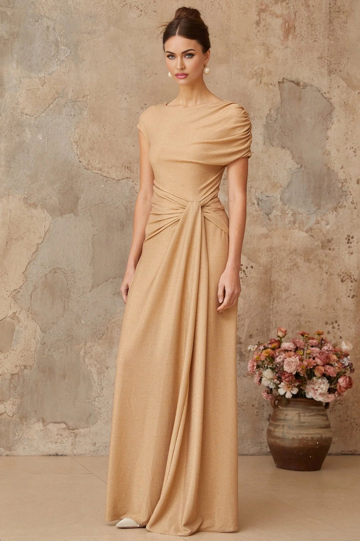 Harper Maxi Dress Gold Pleated Asymmetrical Twist Knot & Metallic Detail