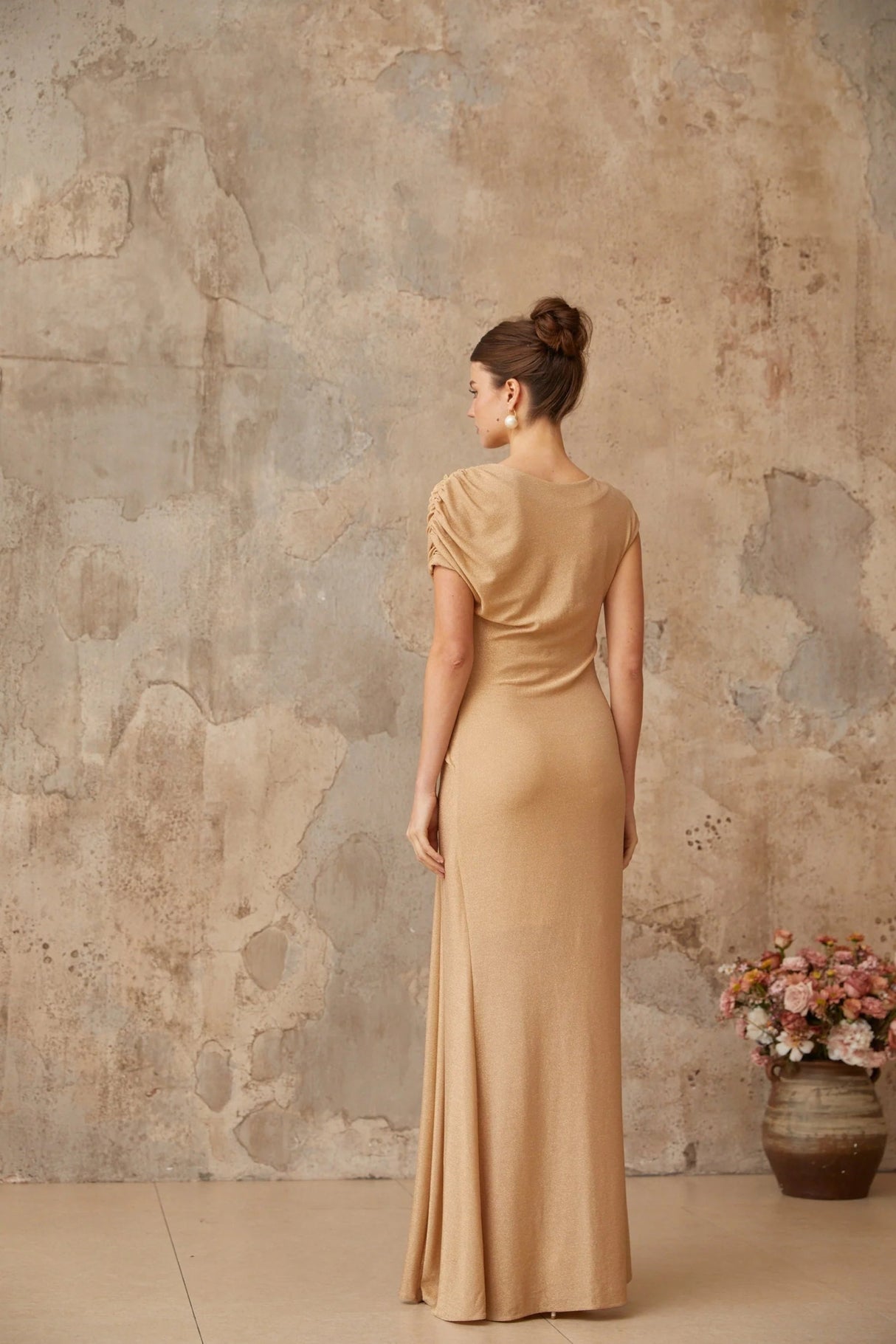 Harper Maxi Dress Gold Pleated Asymmetrical Twist Knot & Metallic Detail