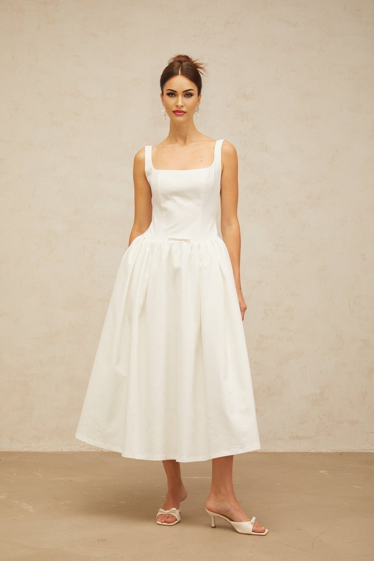 Harper Midi Dress - Square Neck - Sleeveless - Bow Detailing - Flounce Hem