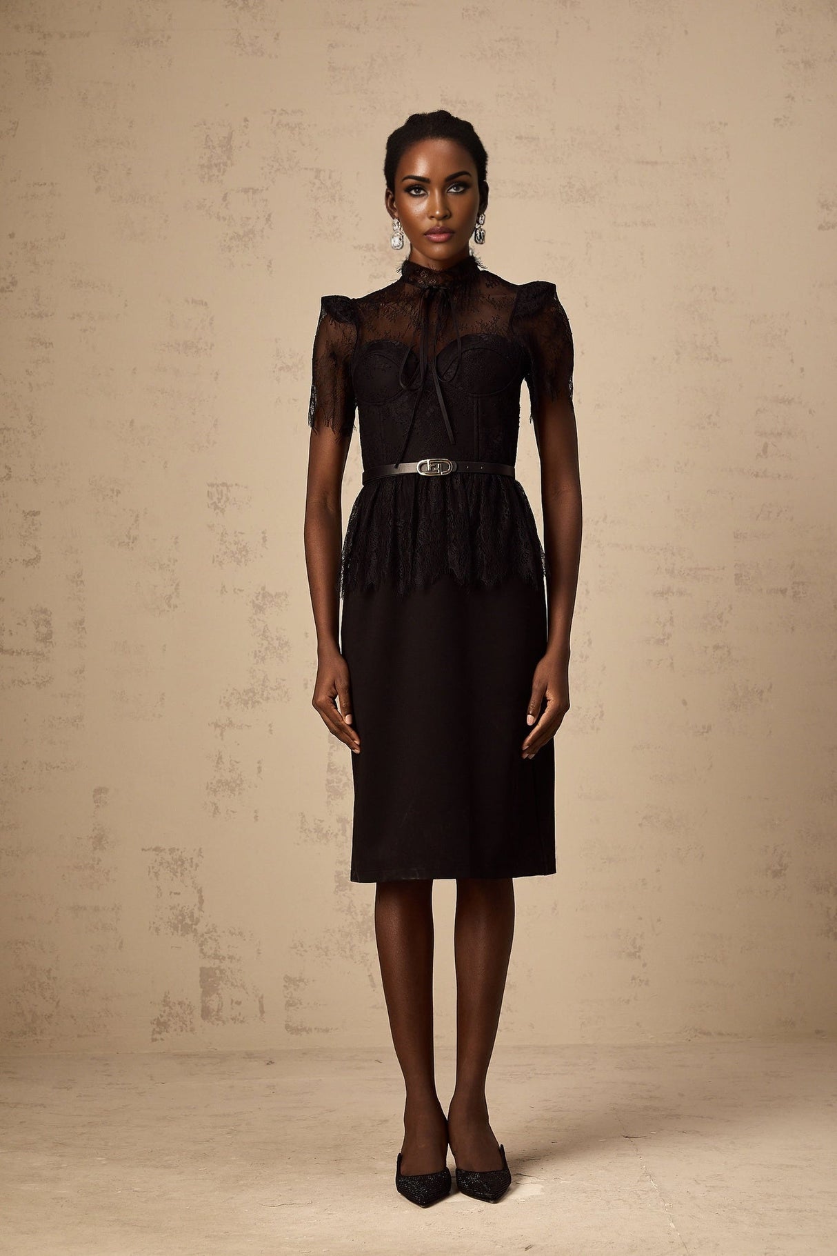 Harper Midi Dress - Tied Mock Neck - Bustier Style - Guipure Lace Panels - Peplum Waist - Semi - sheer