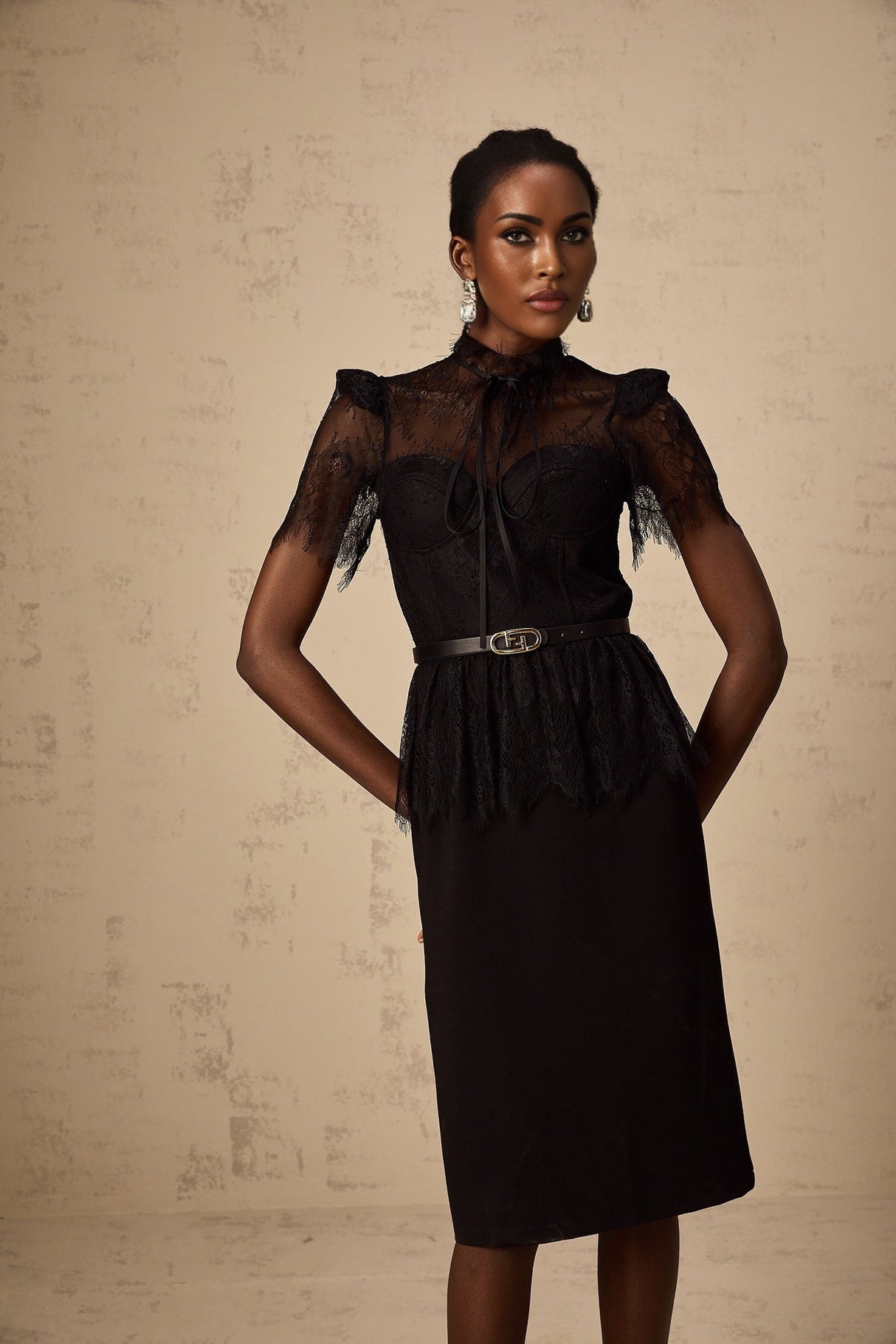 Harper Midi Dress - Tied Mock Neck - Bustier Style - Guipure Lace Panels - Peplum Waist - Semi - sheer