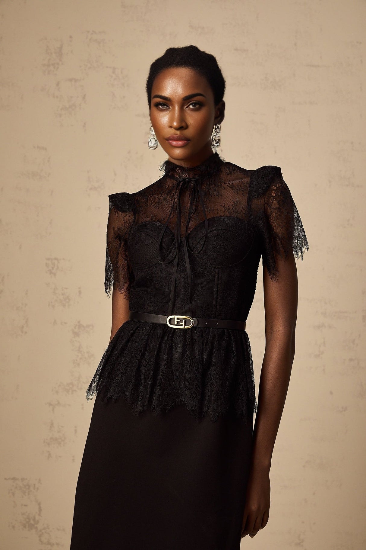 Harper Midi Dress - Tied Mock Neck - Bustier Style - Guipure Lace Panels - Peplum Waist - Semi - sheer