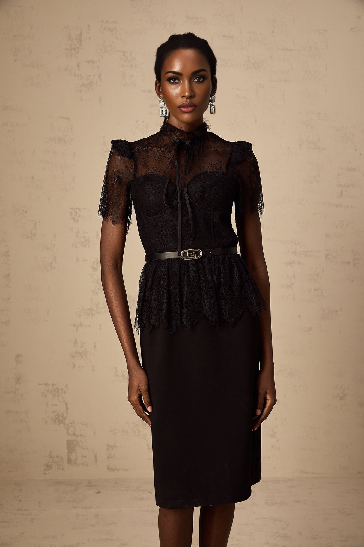 Harper Midi Dress - Tied Mock Neck - Bustier Style - Guipure Lace Panels - Peplum Waist - Semi - sheer
