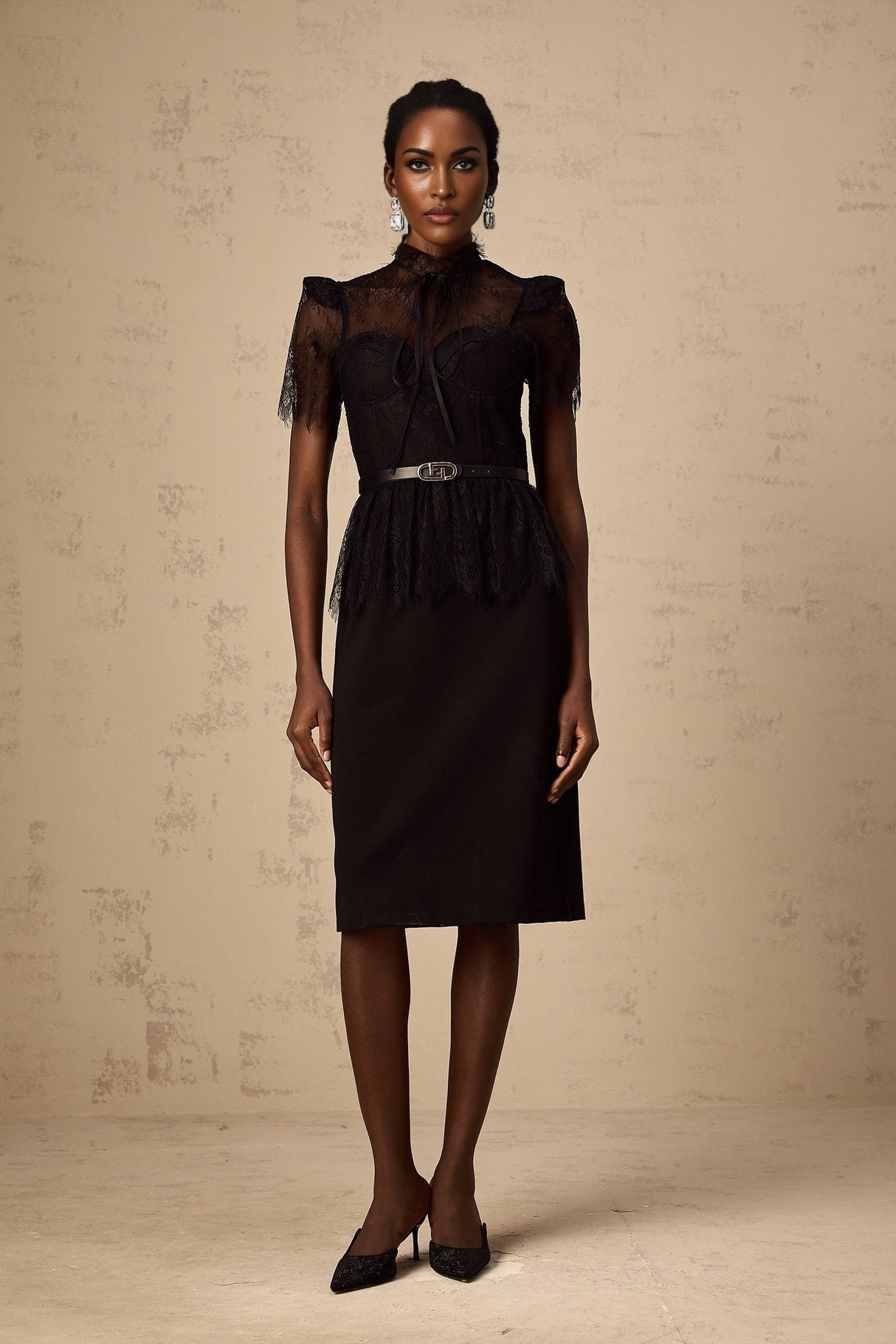 Harper Midi Dress - Tied Mock Neck - Bustier Style - Guipure Lace Panels - Peplum Waist - Semi - sheer