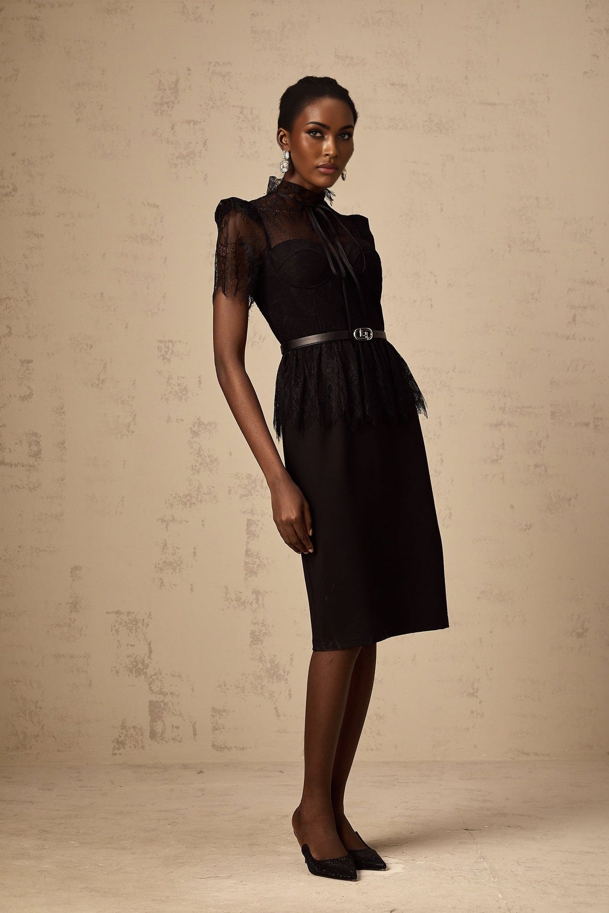 Harper Midi Dress - Tied Mock Neck - Bustier Style - Guipure Lace Panels - Peplum Waist - Semi - sheer
