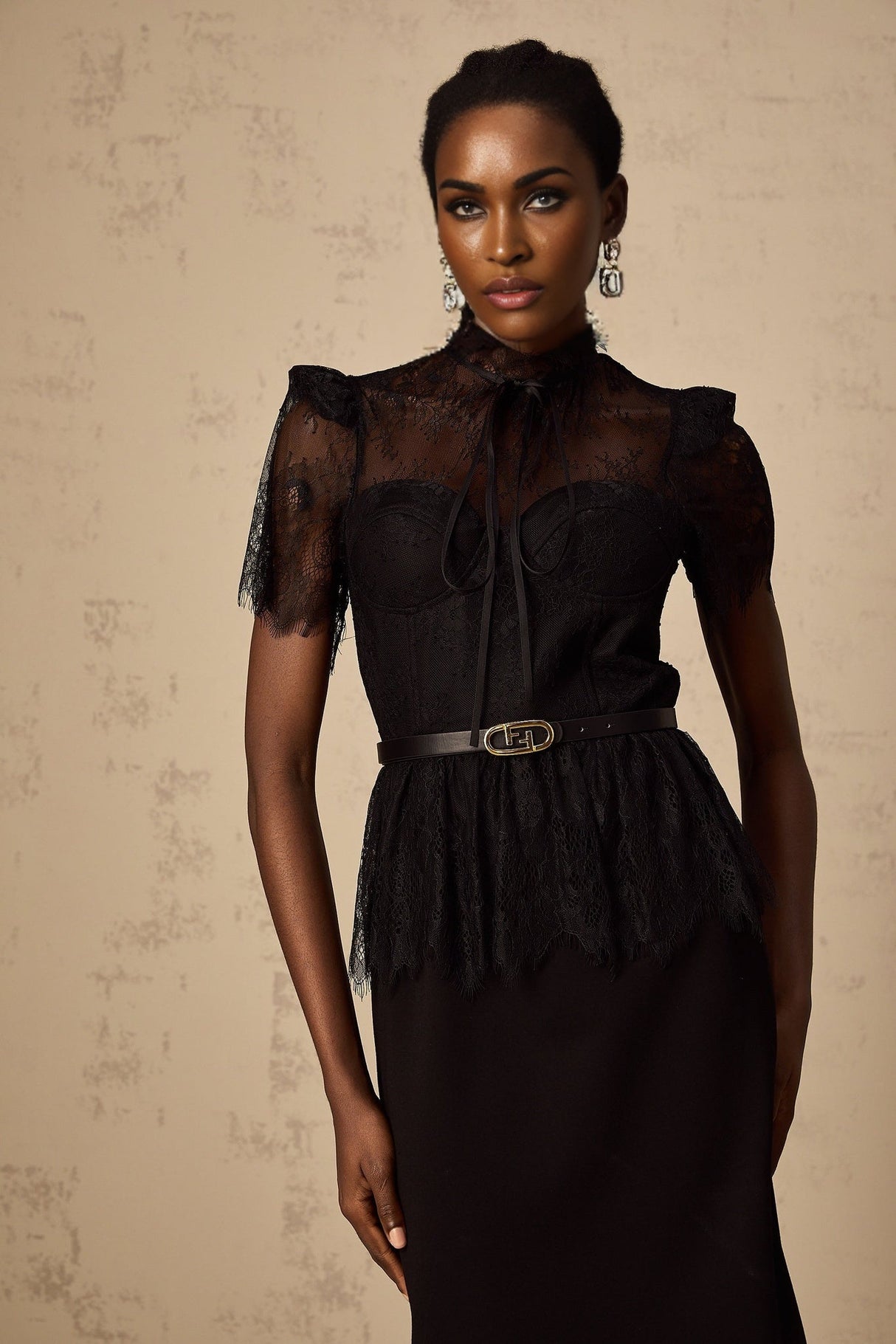 Harper Midi Dress - Tied Mock Neck - Bustier Style - Guipure Lace Panels - Peplum Waist - Semi - sheer