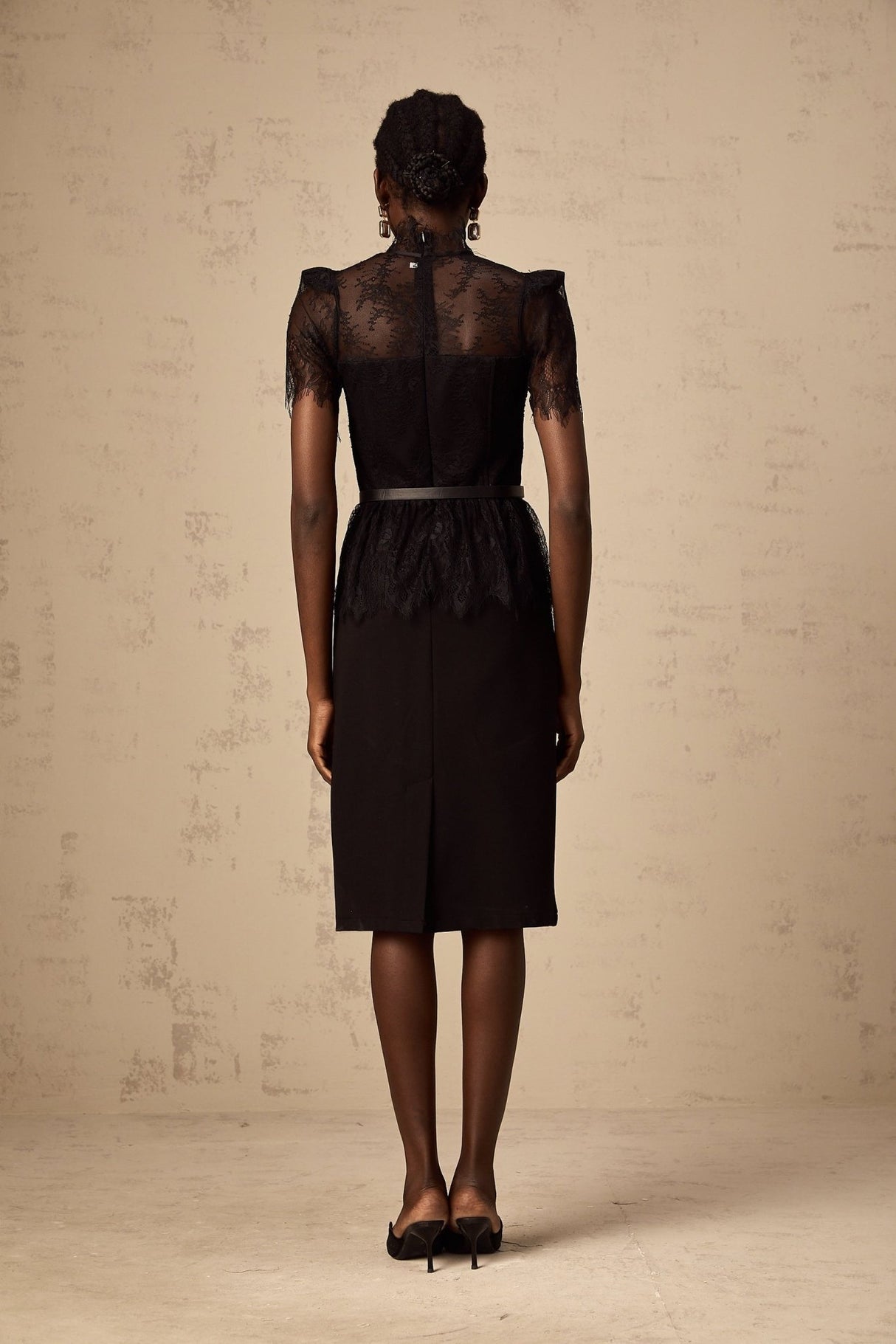 Harper Midi Dress - Tied Mock Neck - Bustier Style - Guipure Lace Panels - Peplum Waist - Semi - sheer